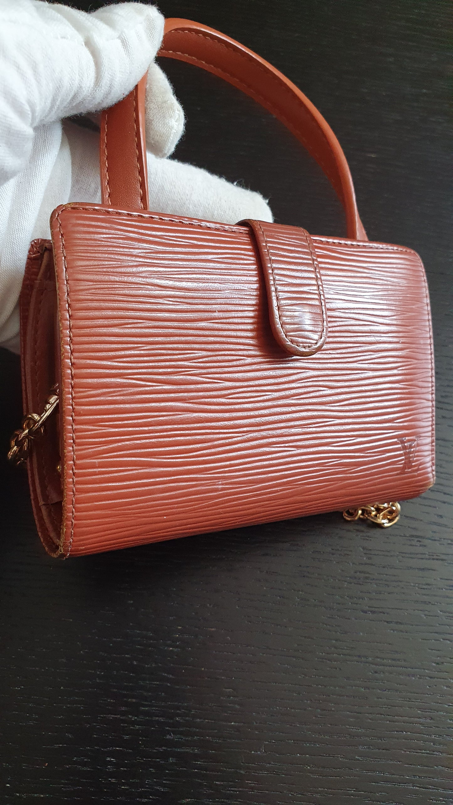 Authentic Louis Vuitton Upcycle Small Compact Epi Wallet with Strap and Chain