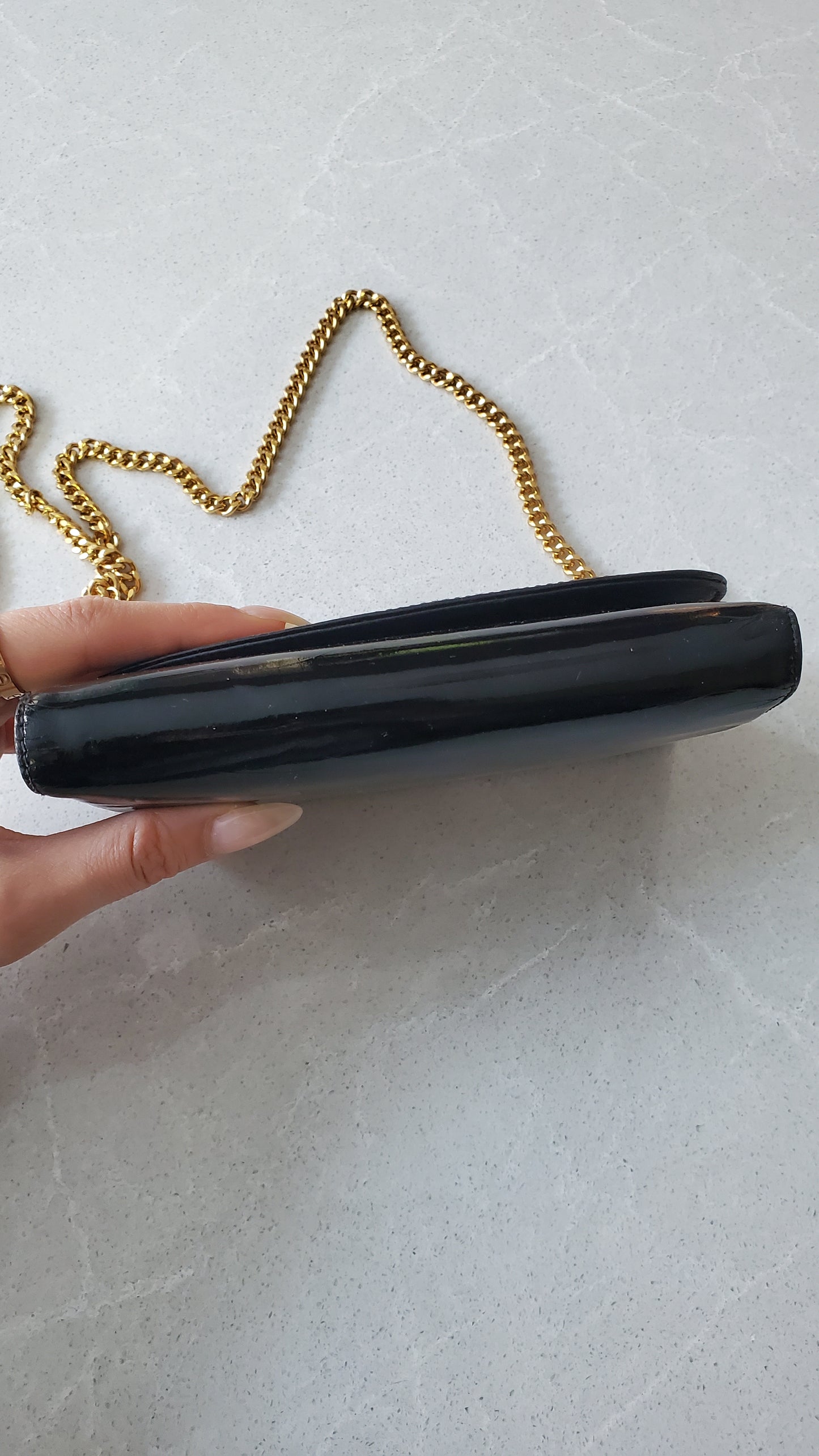 Authentic Vintage Chanel Upcycle Black Patent Compact Wallet on Chain