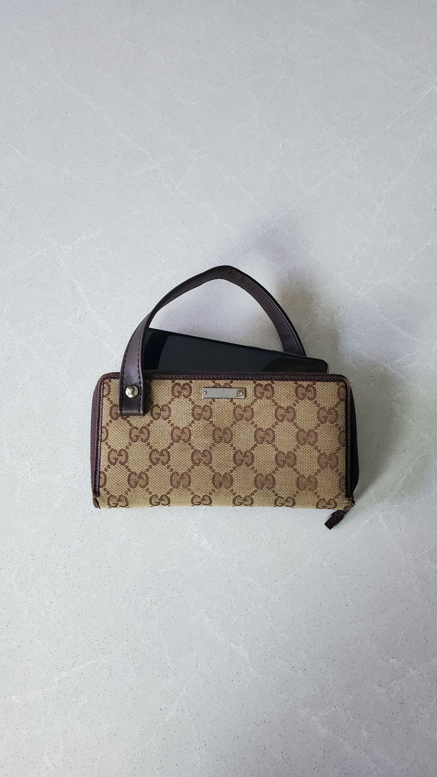 Authentic Vintage Gucci Upcycle Brown Zip Wallet with Single Strap