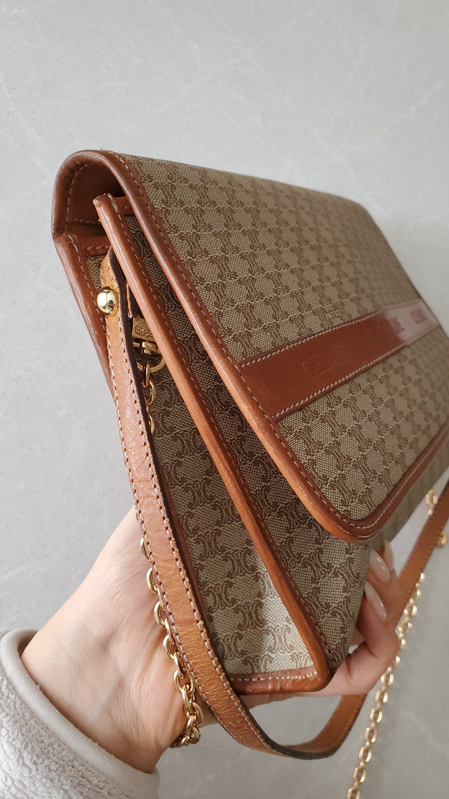 Authentic Vintage Celine (2/2) Upcycle Purse with Strap & Chain