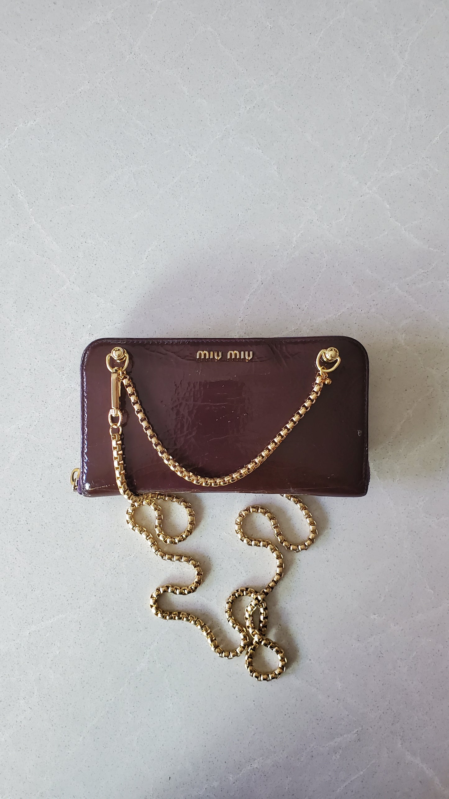 Authentic Miu Miu Upcycle Long Zip Patent Wallet with Chains