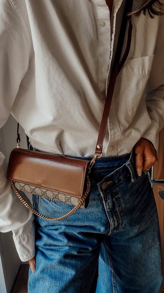 Authentic Gucci Upcycle Brown Long Leather Wallet on Strap & Chain