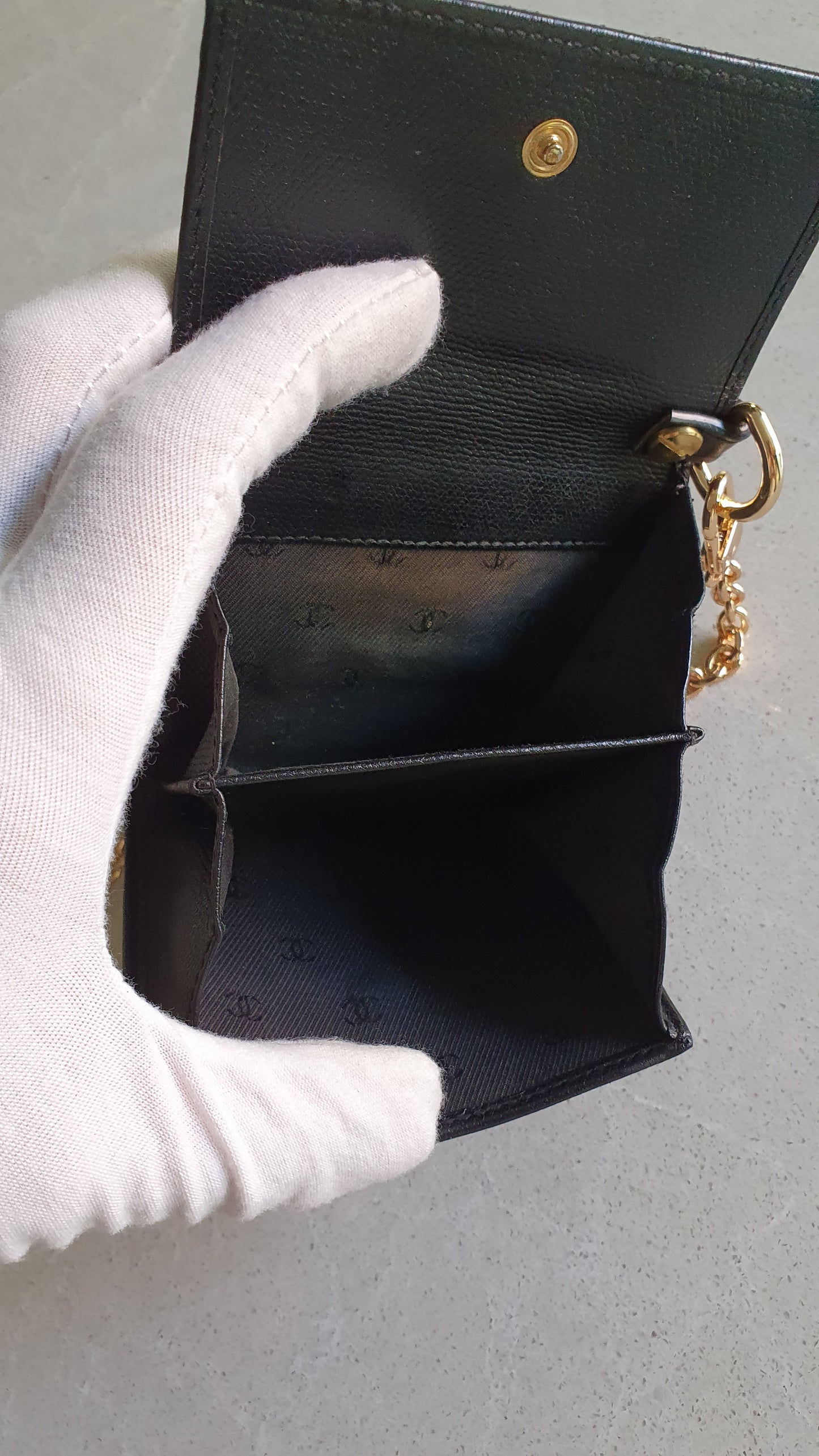 Authentic Chanel Upcycle Small Black Caviar Wallet with Strap and Chain