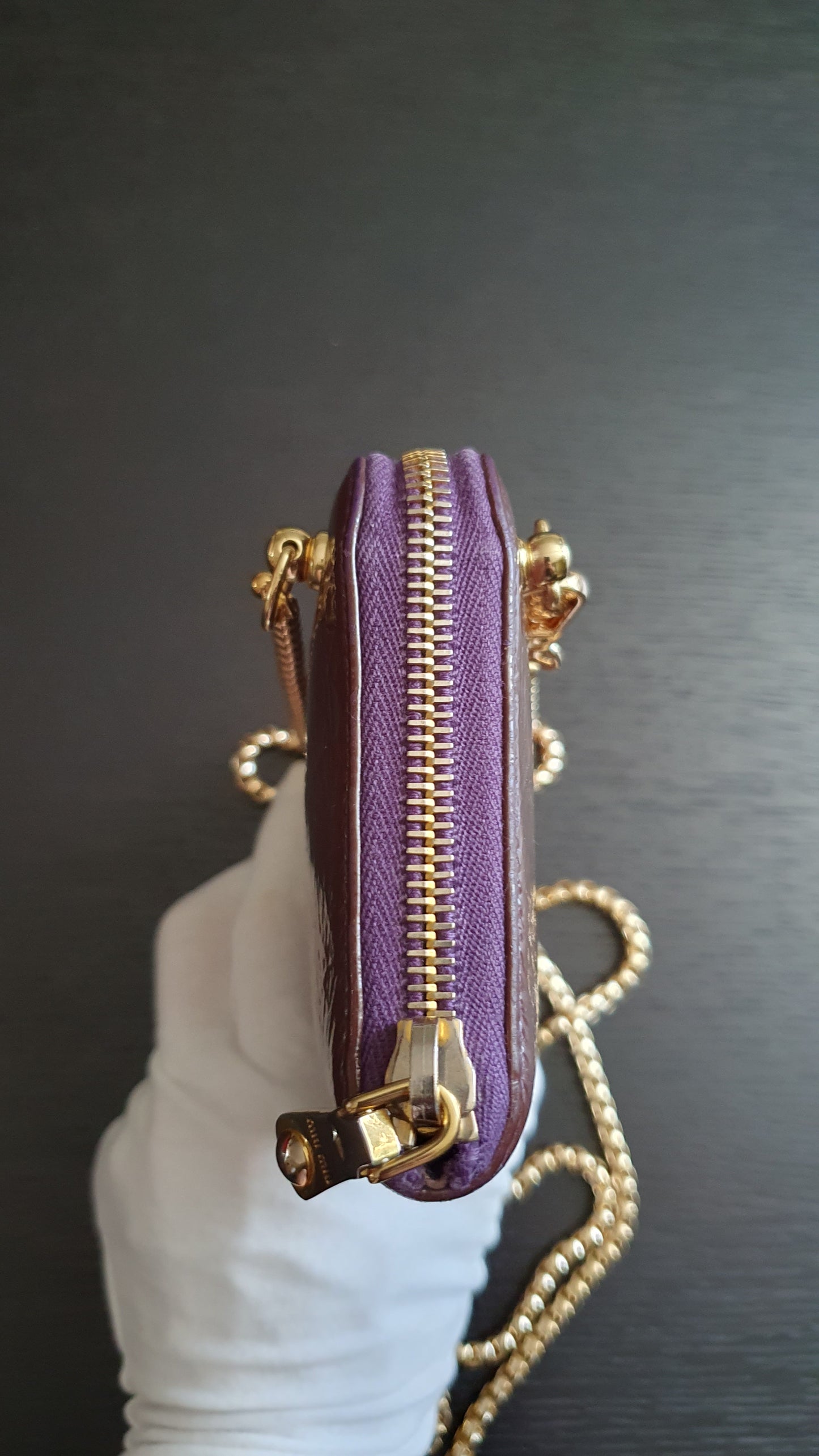 Authentic Miu Miu Upcycle Long Zip Patent Wallet with Chains