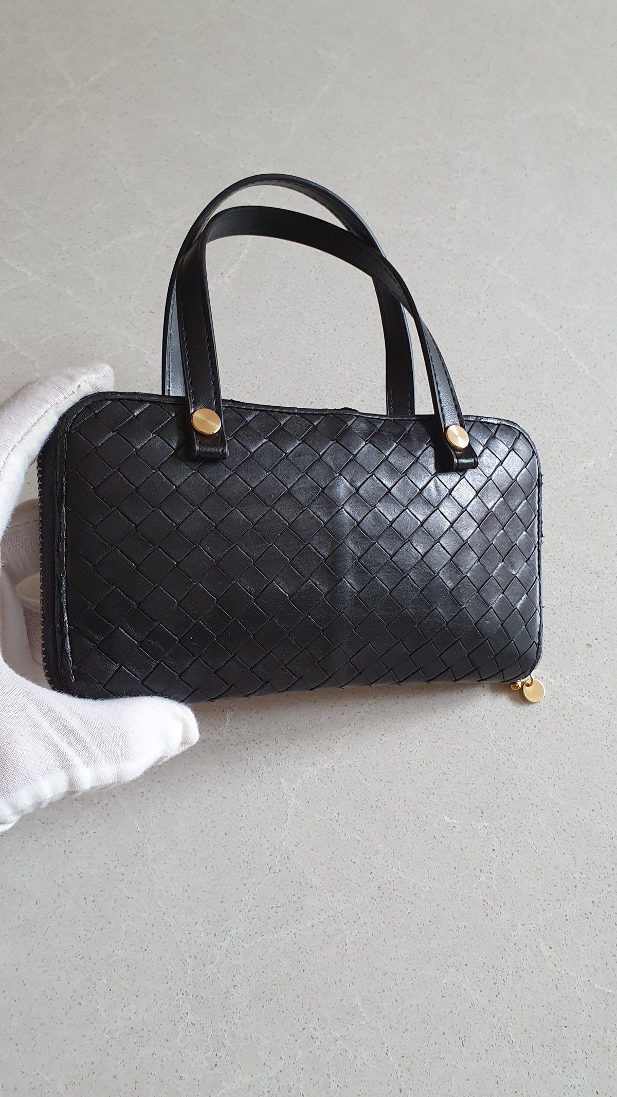 Authentic Bottega Veneta Upcycle Black Zip Wallet with Two Handles