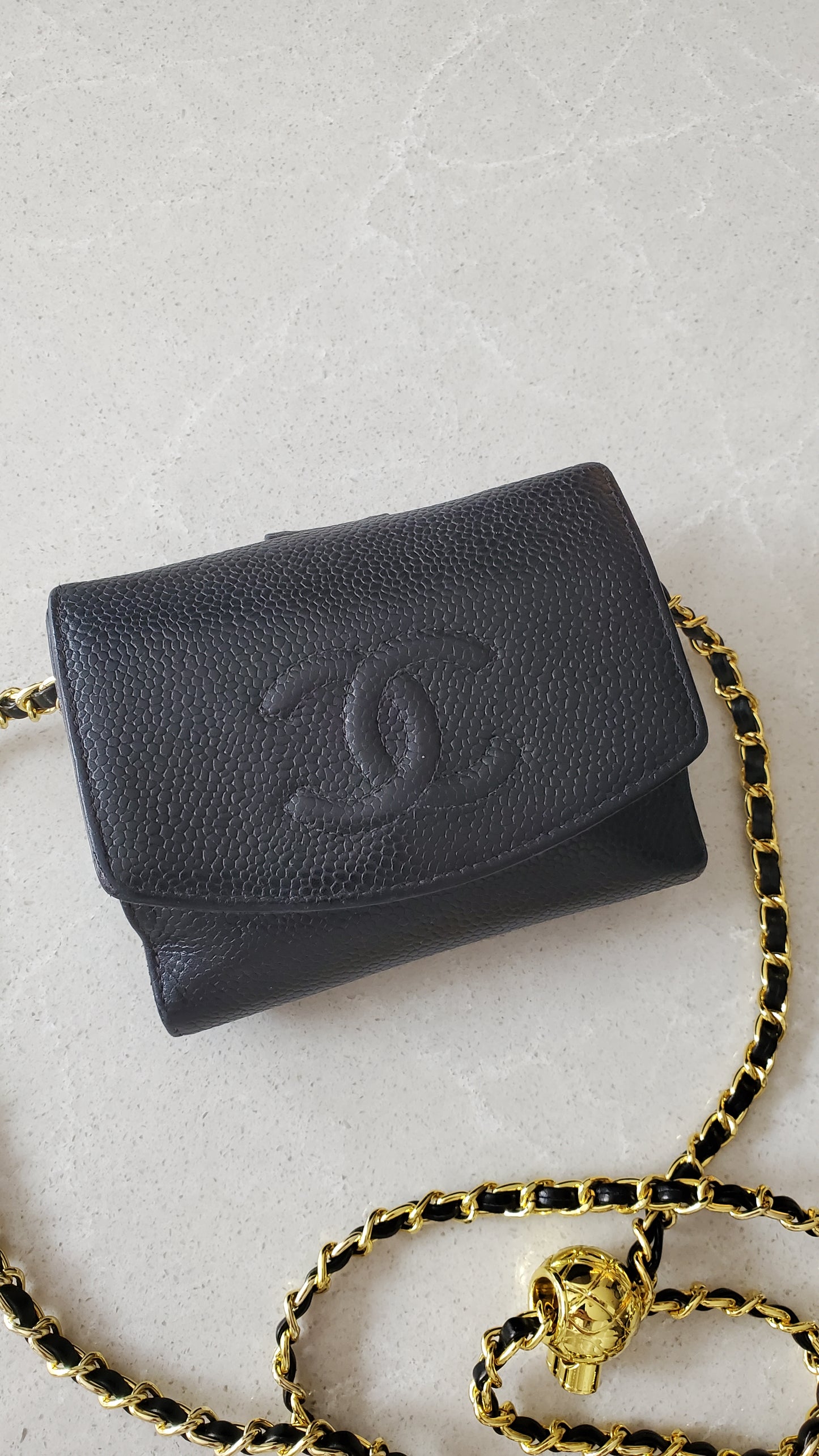 Authentic Vintage Chanel Upcycle Black Caviar Compact Wallet on Chain