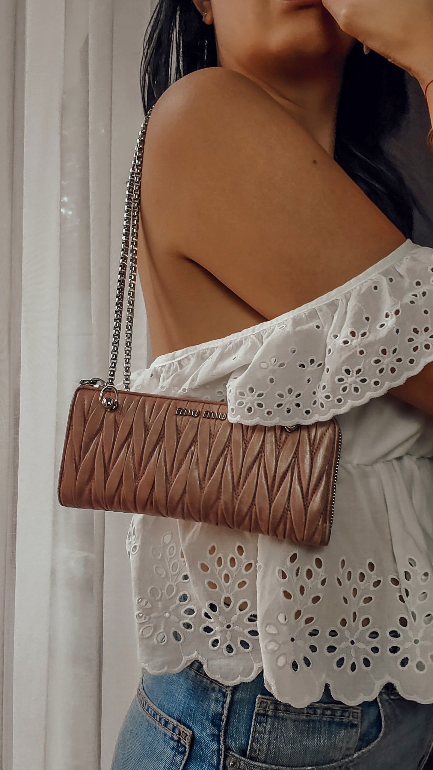Authentic Miu Miu Upcycle Pink Zip Wallet with Shoulder Chains