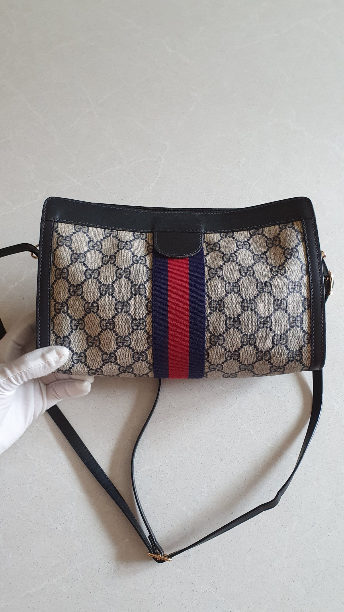 Authentic Vintage Gucci Upcycle Dark Navy Purse (with velcro closing) with Straps and Chain