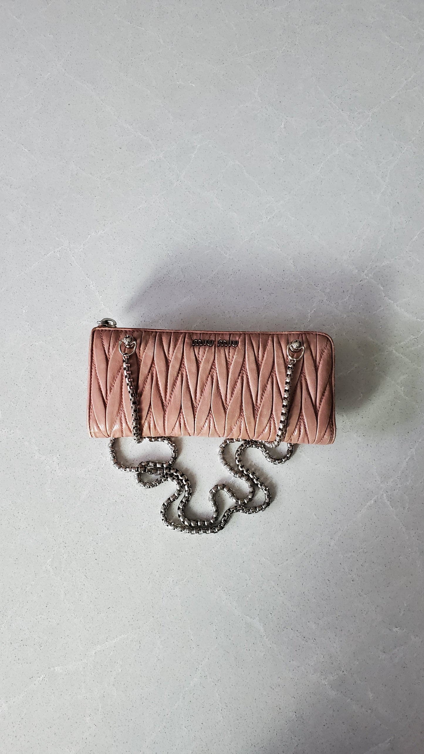 Authentic Miu Miu Upcycle Pink Zip Wallet with Shoulder Chains