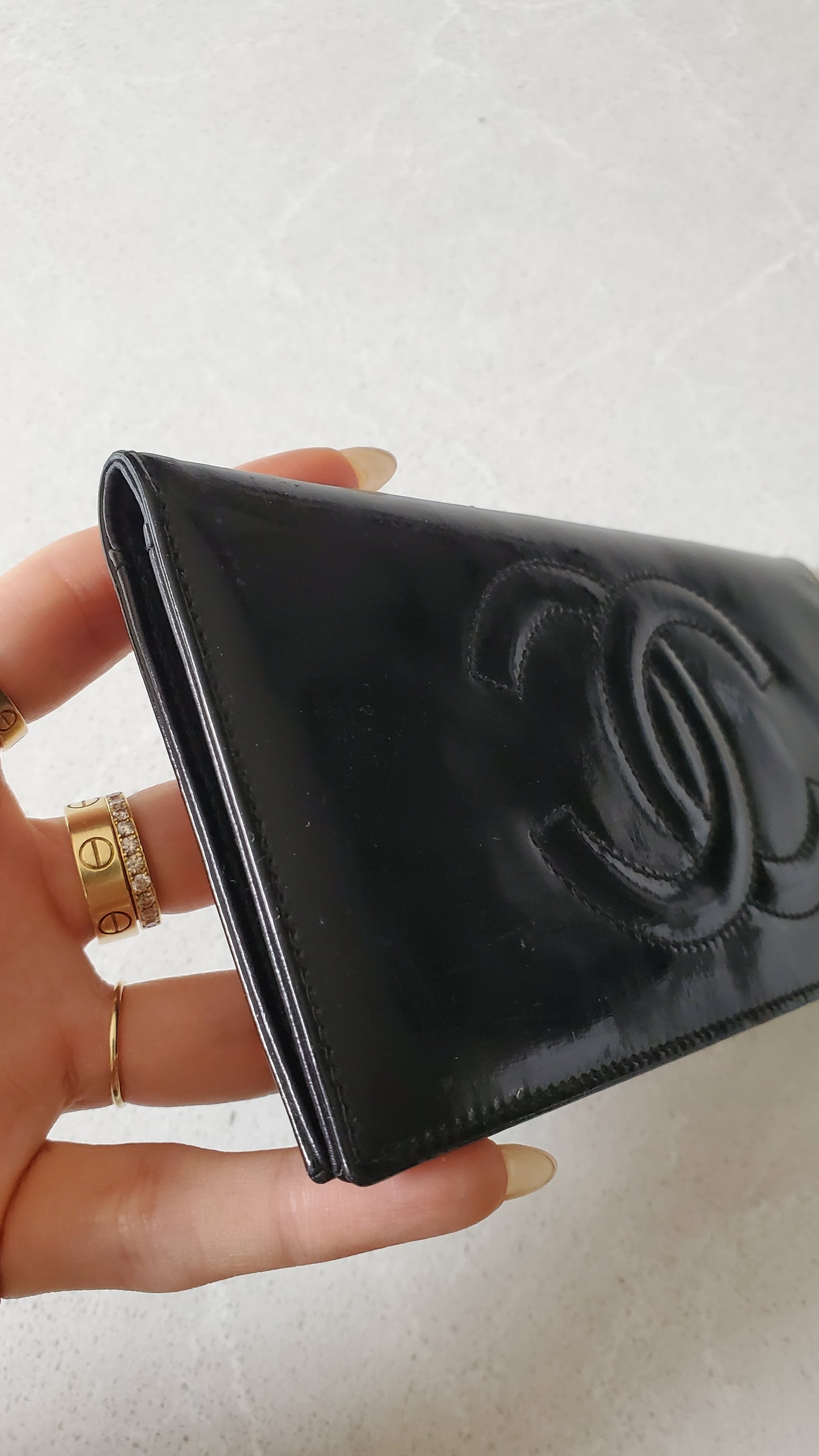 Authentic Chanel Black Patent Flat Flap Wallet