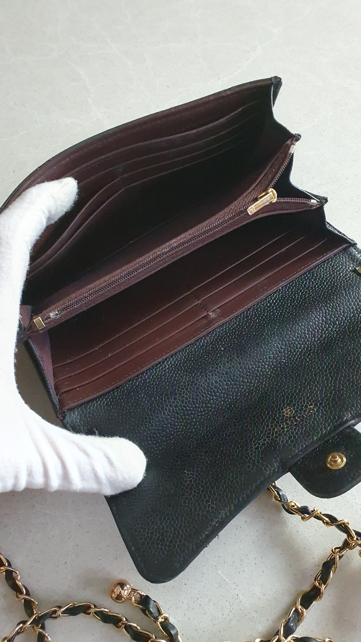 Authentic Chanel Upcycle Black Caviar Long Wallet Purse with Strap & Chain