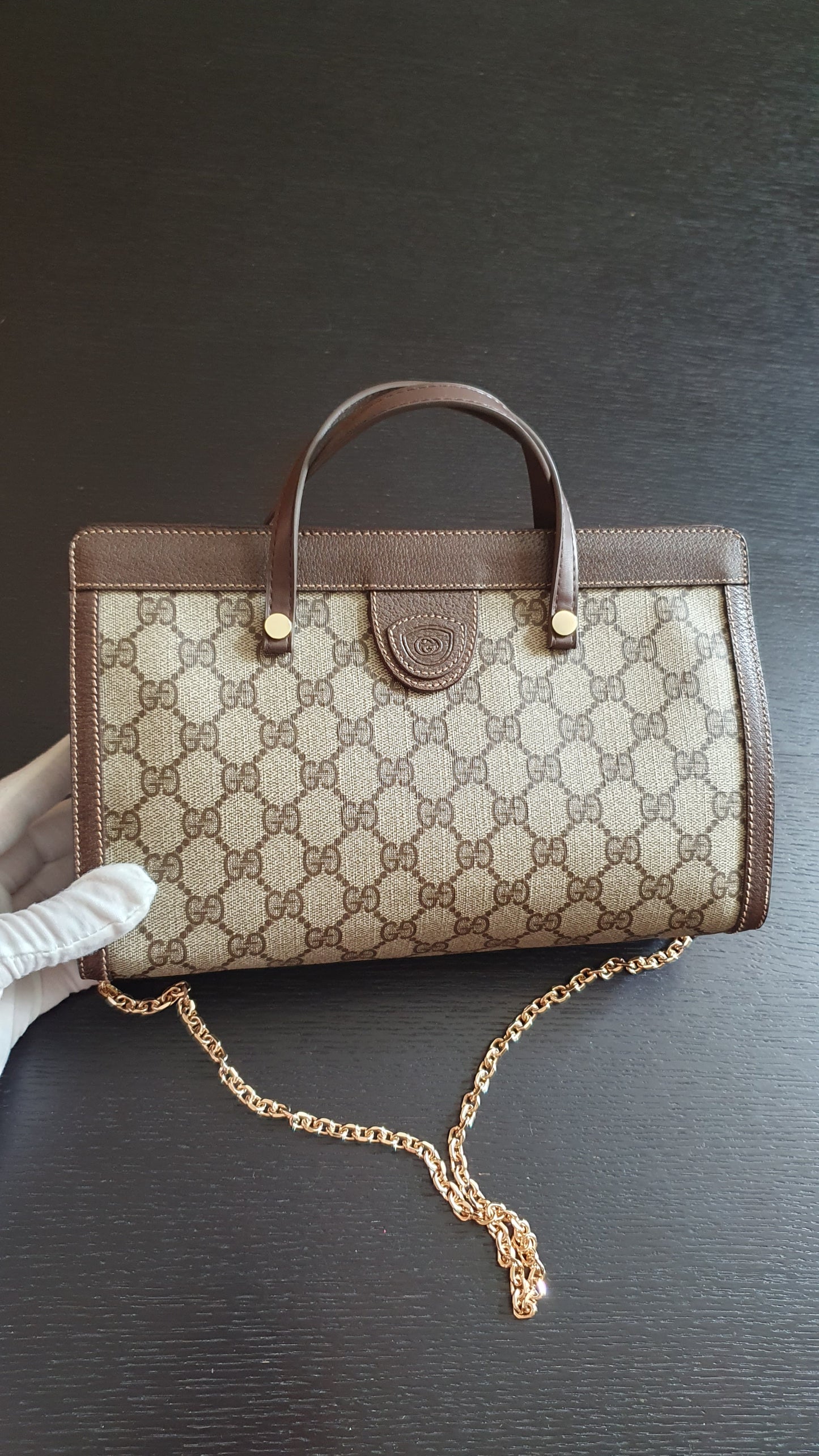 Authentic Vintage Gucci Upcycle Brown Purse (with velcro closing) with Handles & Chain
