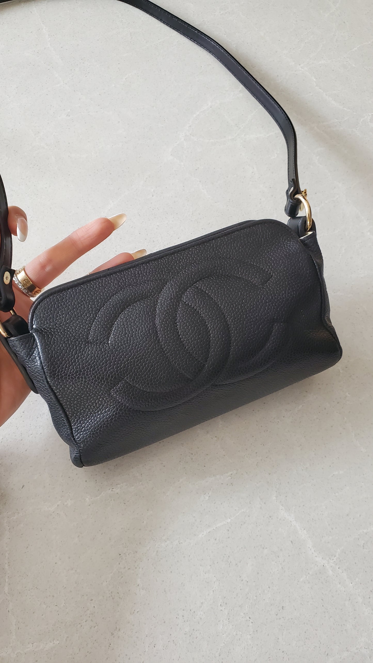 Authentic Vintage Chanel Upcycle Black Caviar Perfect Size Pouch with Strap