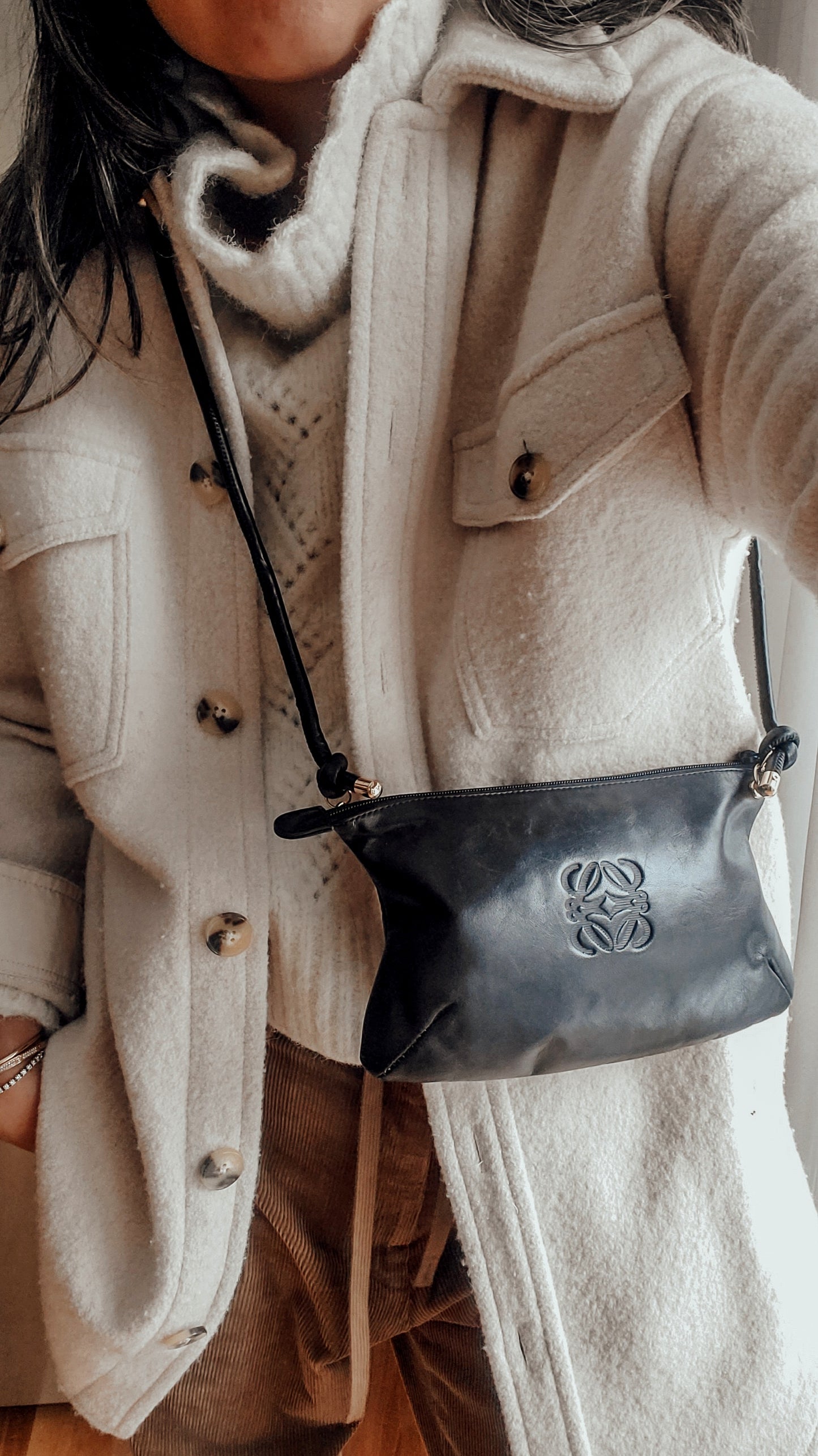 Authentic Vintage Loewe Upcycle Black Leather Perfect Size Pouch with Strap