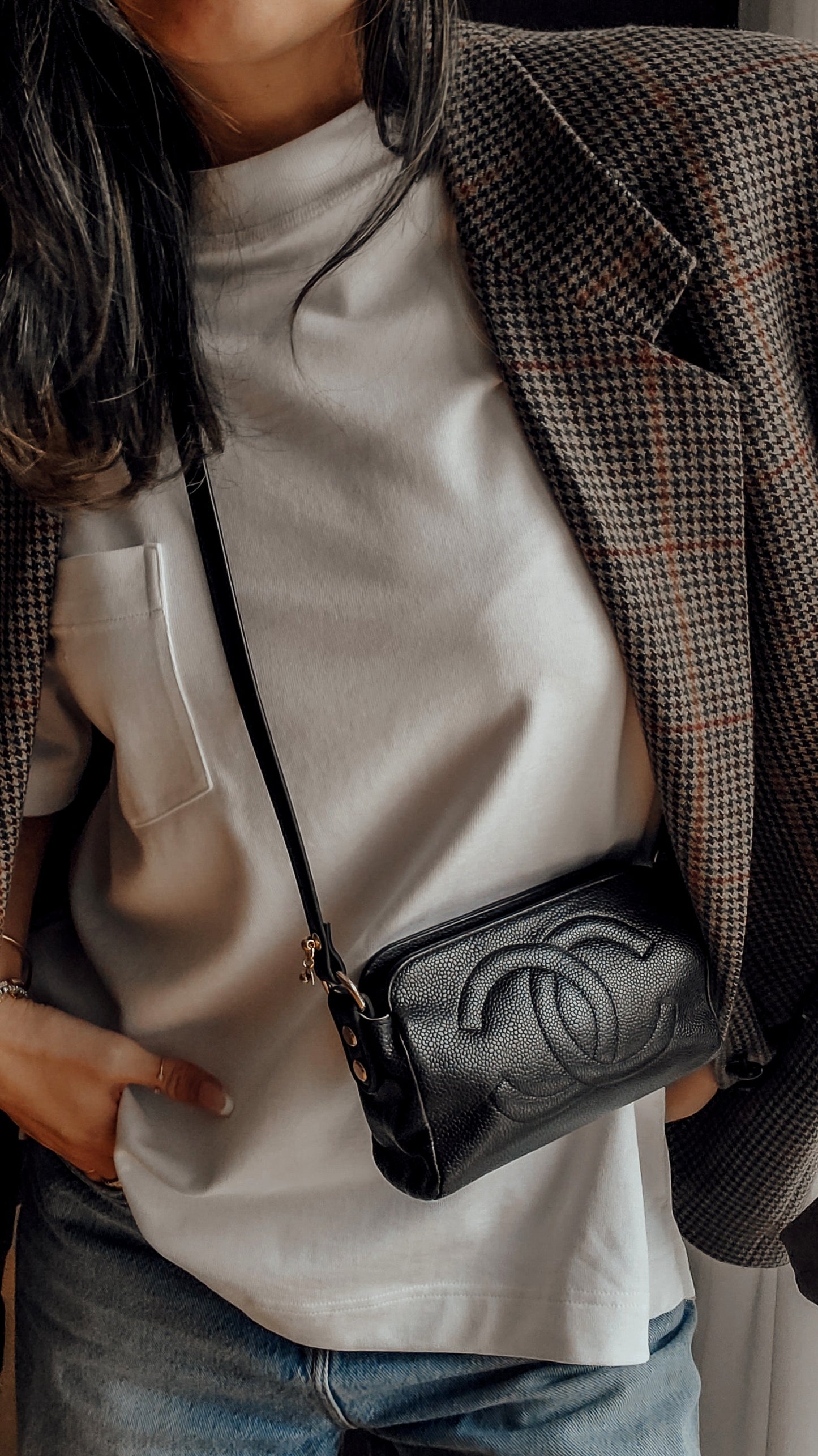 Authentic Vintage Chanel Upcycle Black Caviar Perfect Size Pouch with Strap