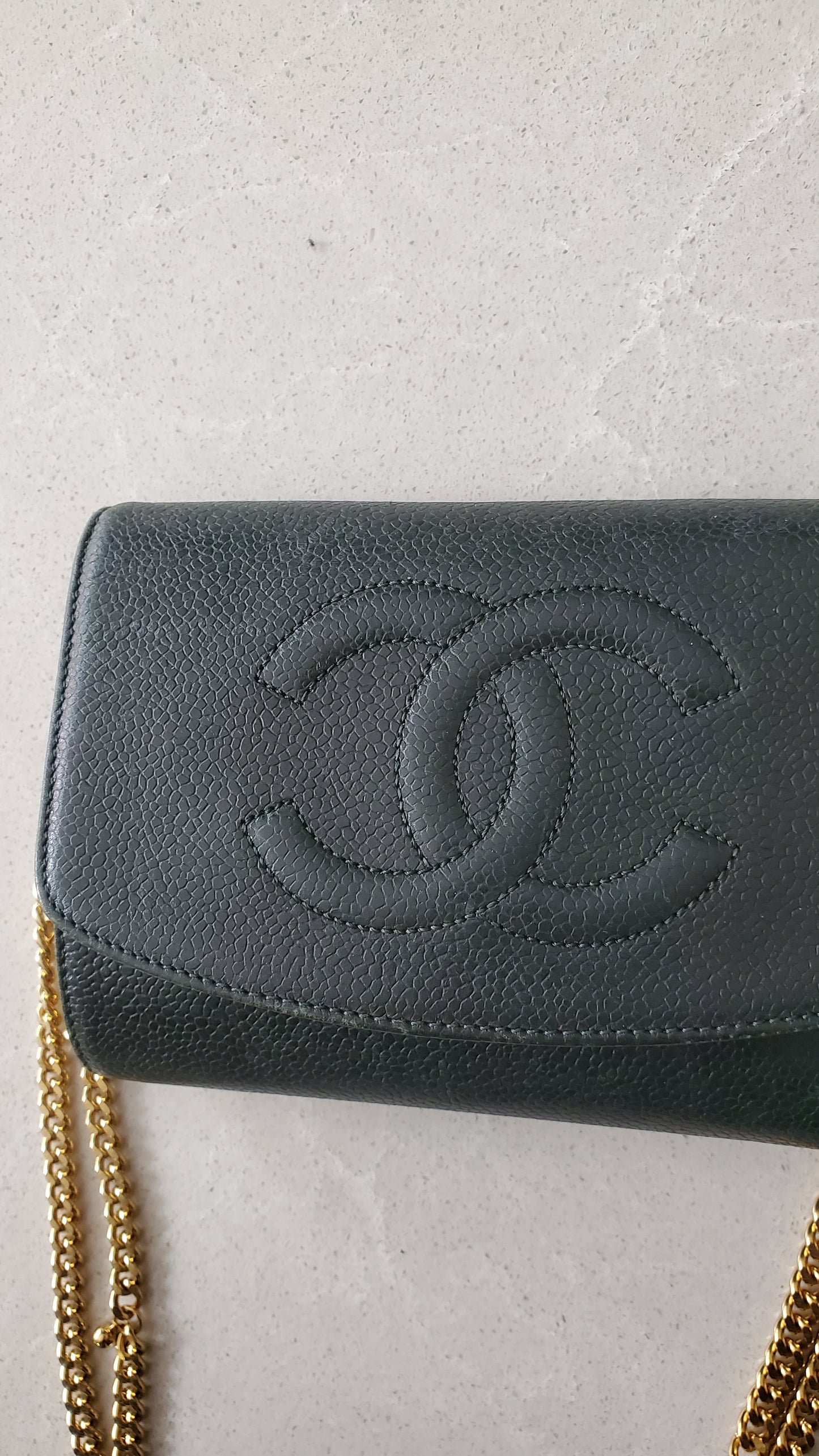 Authentic Chanel Upcycle Green Caviar Wallet on Chain