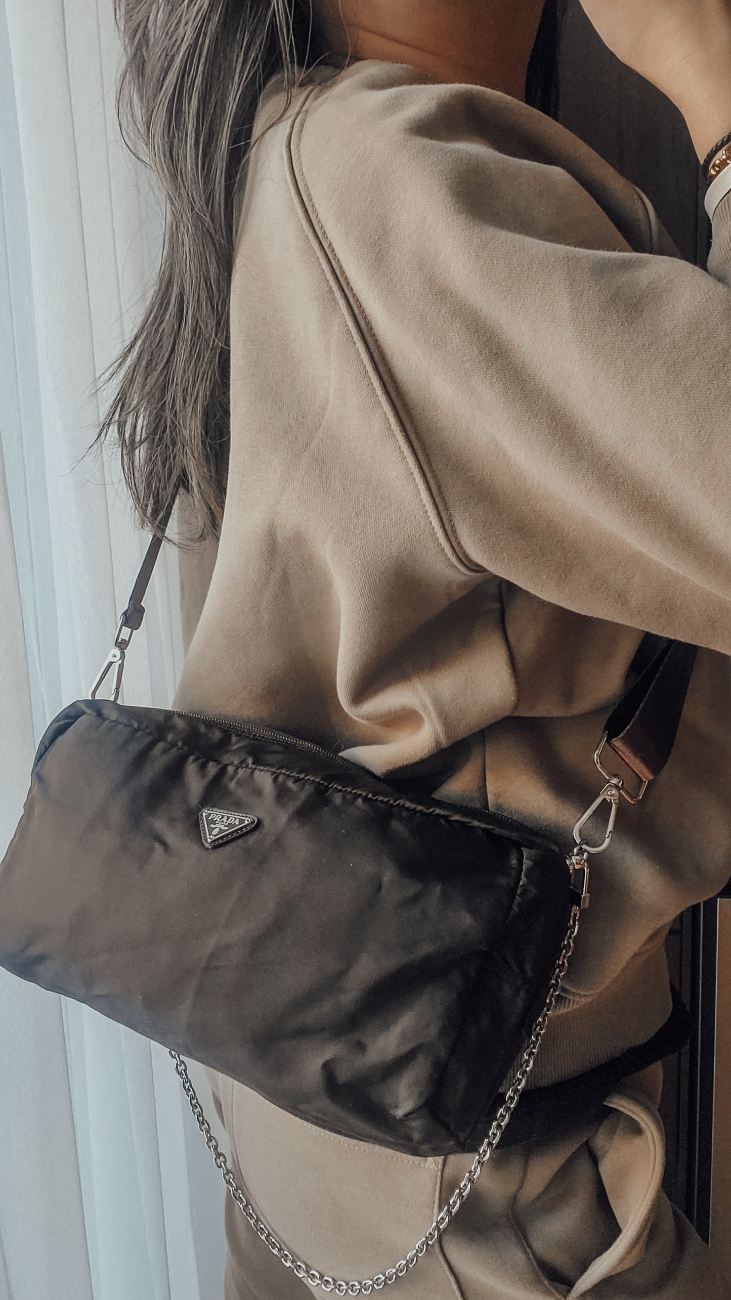 Authentic Prada (Dark Green/ Brown) Upcycle Large Nylon Pouch with Chain & Strap