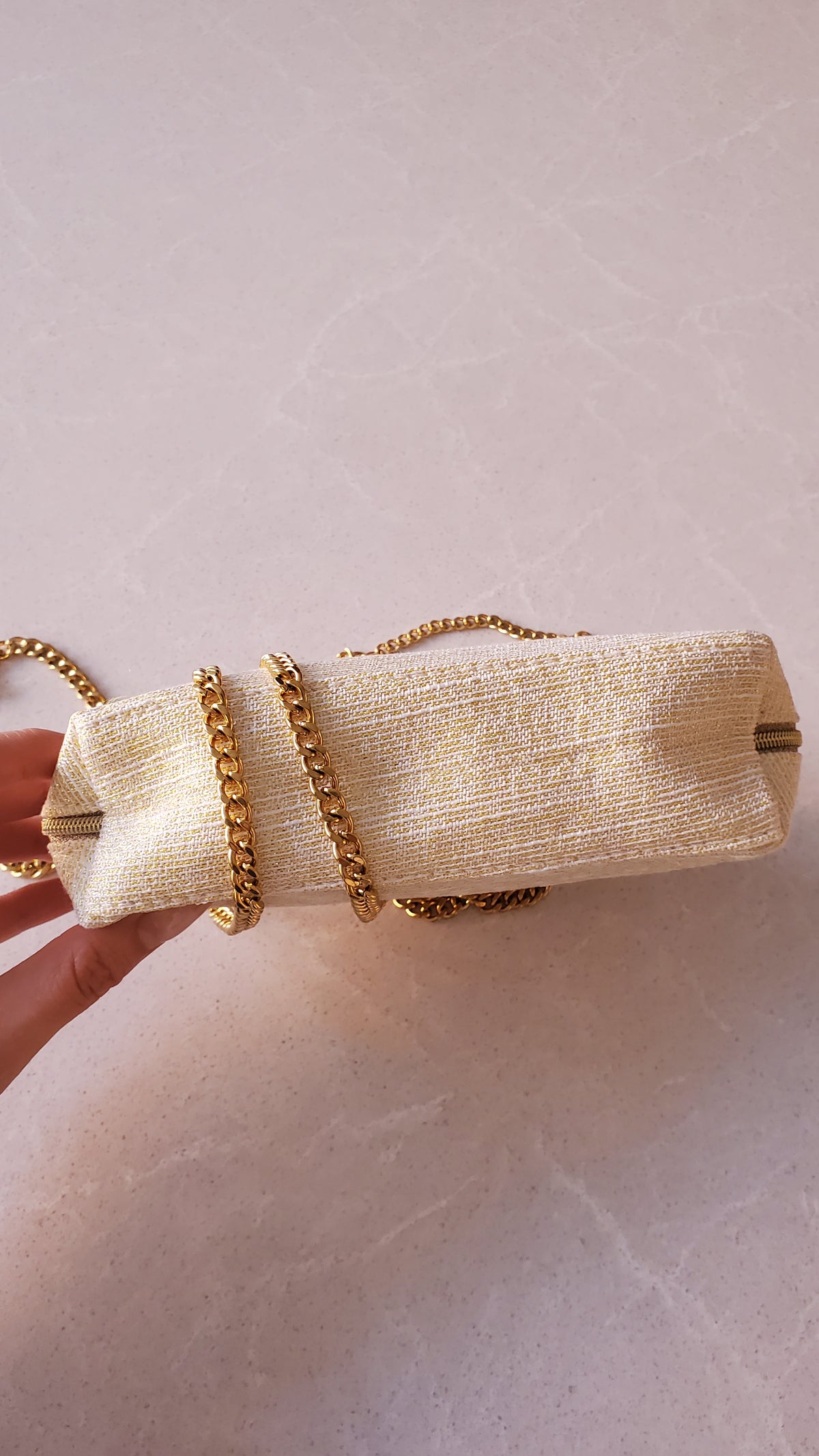 Authentic Dior Upcycle Versatile Gold Holiday Beauty Pouch with Handmade Chains