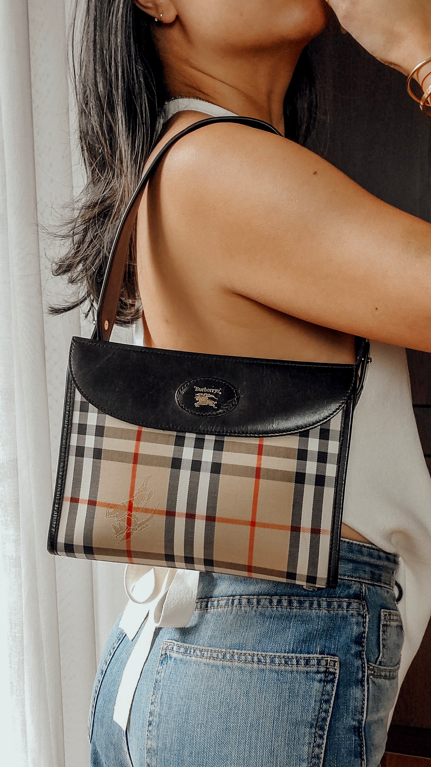 Authentic Burberry Upcycle Black/ Printed Shoulder Purse with Strap