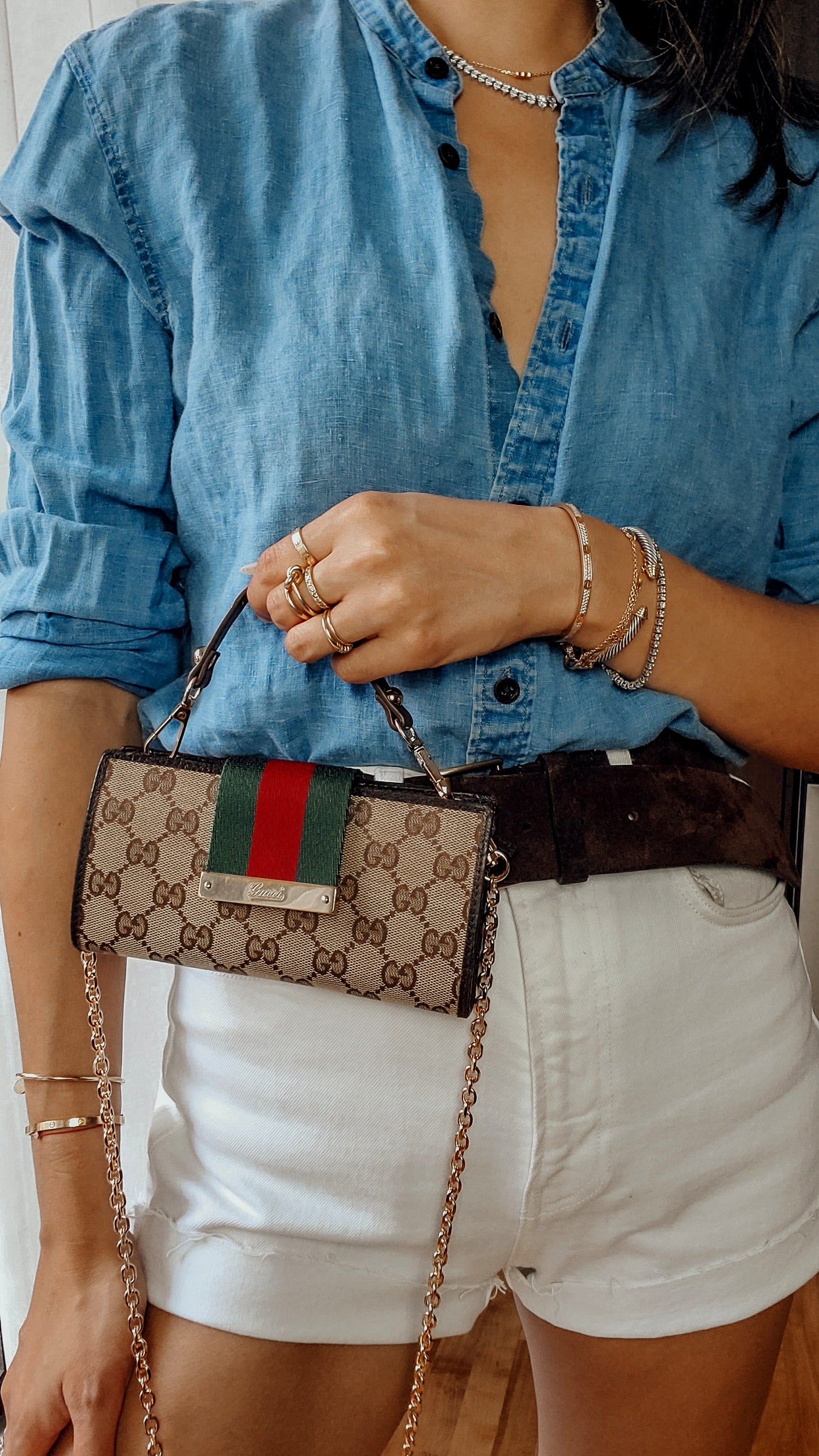 Authentic Gucci Upcycle Canvas Wallet with Strap and Chain