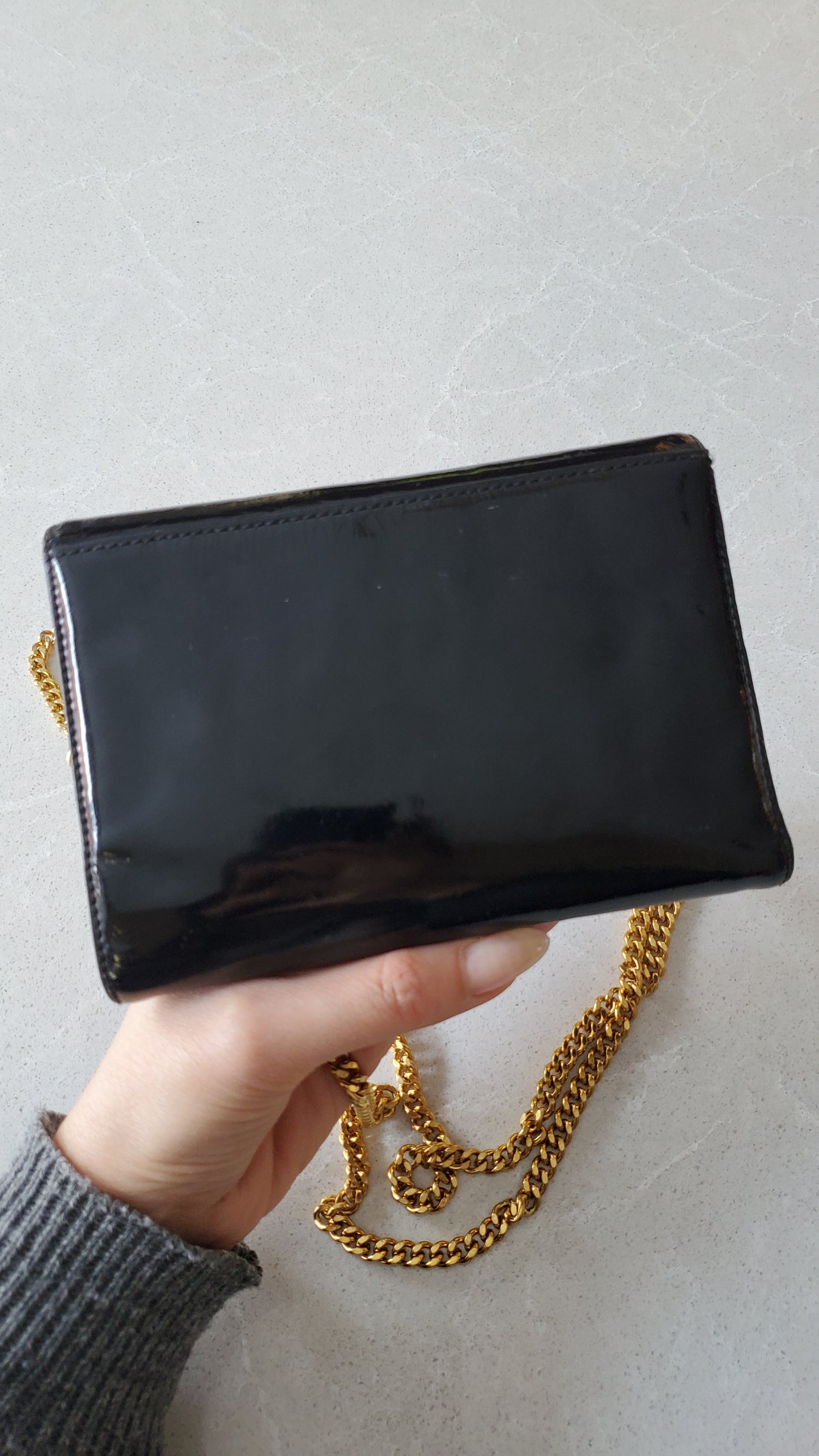 Authentic Vintage Chanel Upcycle Black Patent Compact Wallet on Chain
