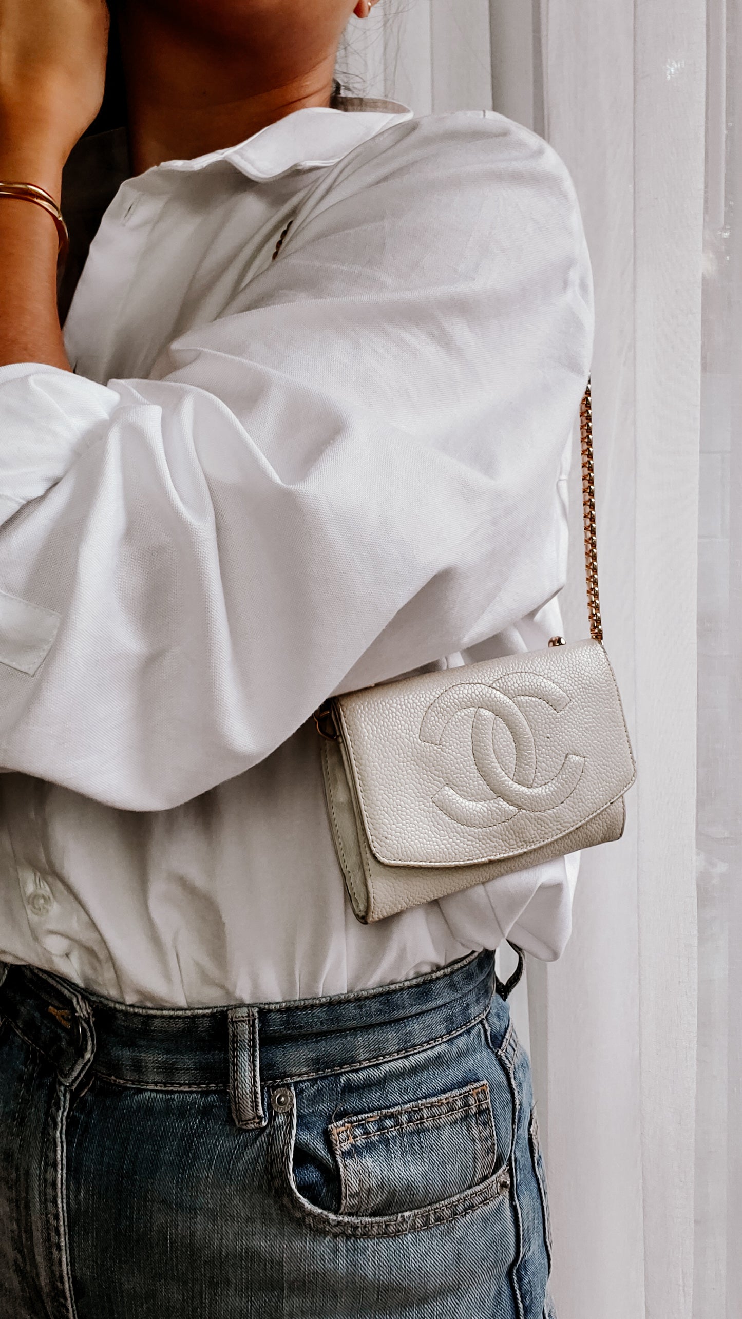 Authentic Chanel Upcycle Small Caviar Caviar Wallet/ Purse with Strap & Chain