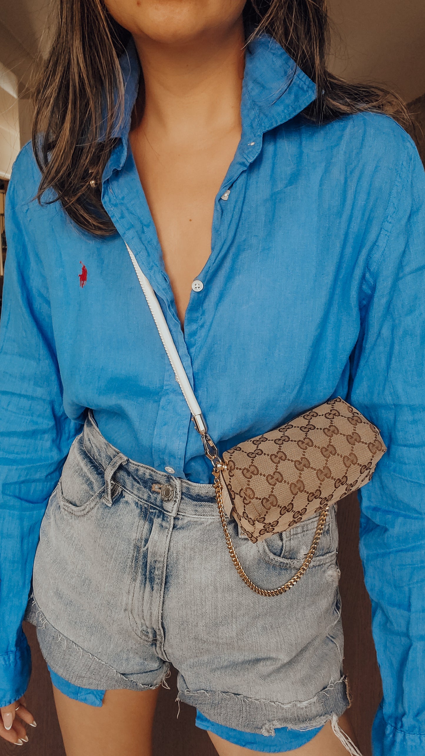 Authentic Vintage Gucci Upcycle Tan Fabric Pouch on Chain & Strap