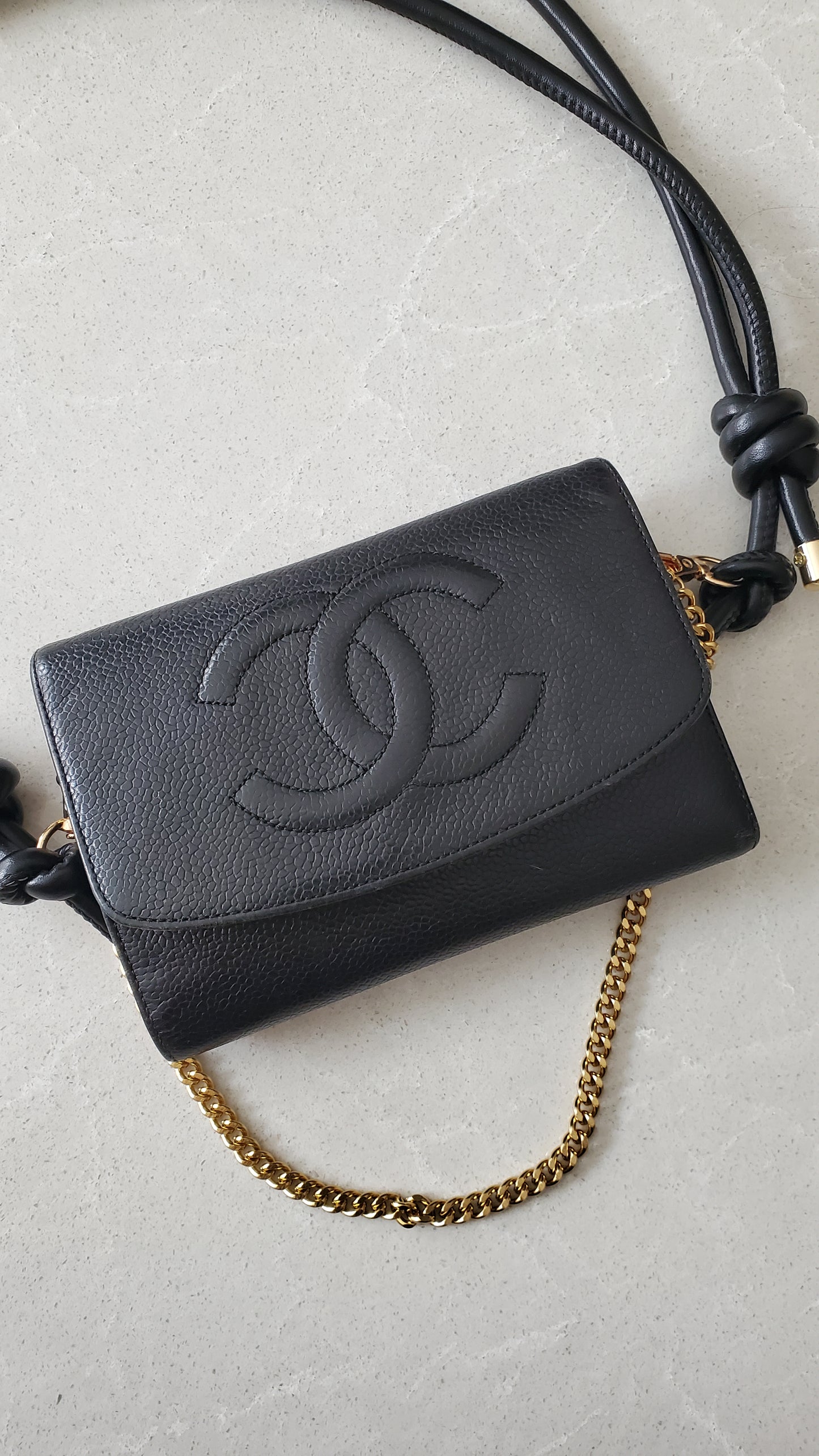 Authentic Chanel Upcycle Black Caviar Wallet on Chain & Strap