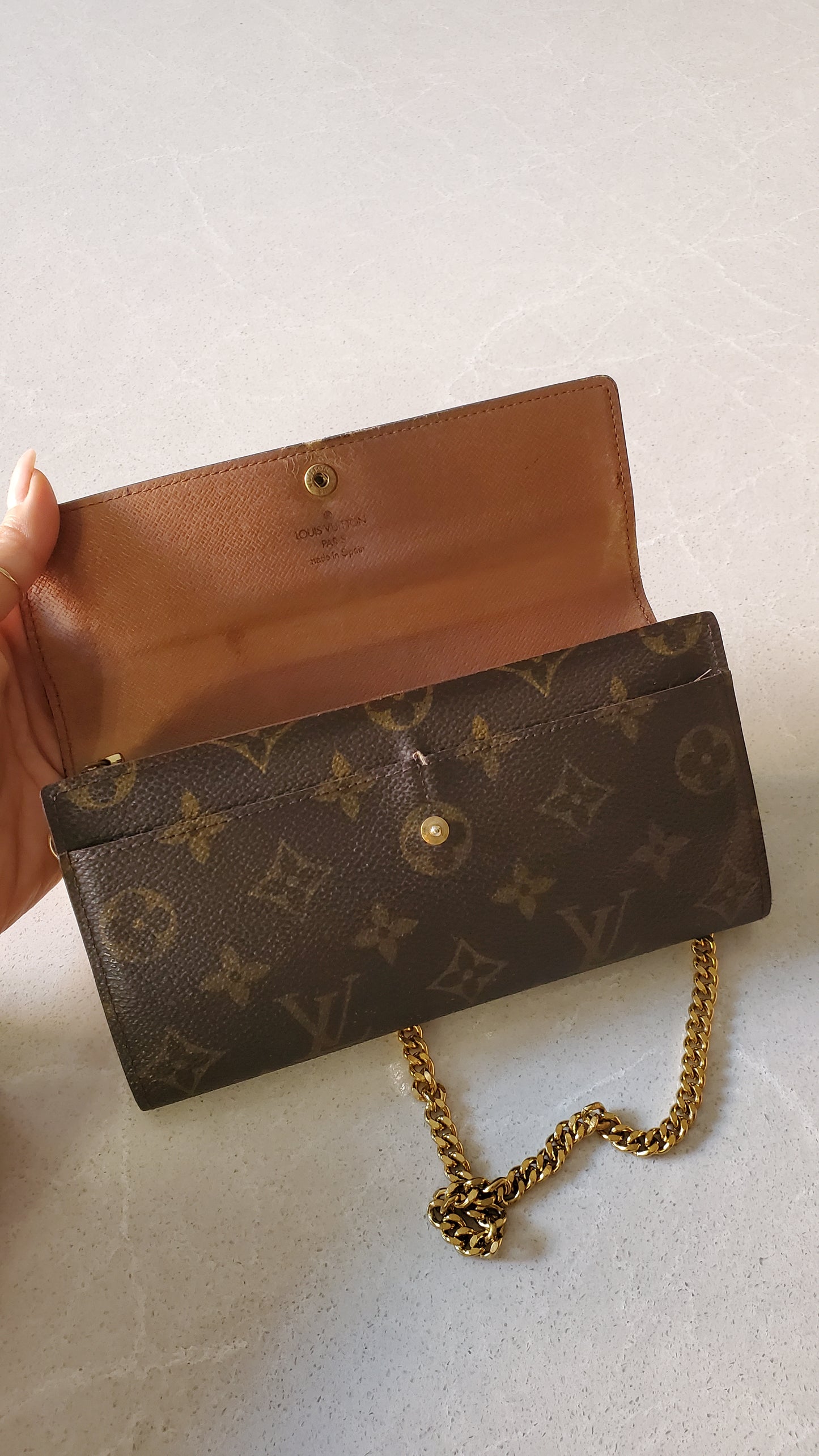 Authentic Louis Vuitton (CA0937) Upcycle Long Brown Wallet on Chain