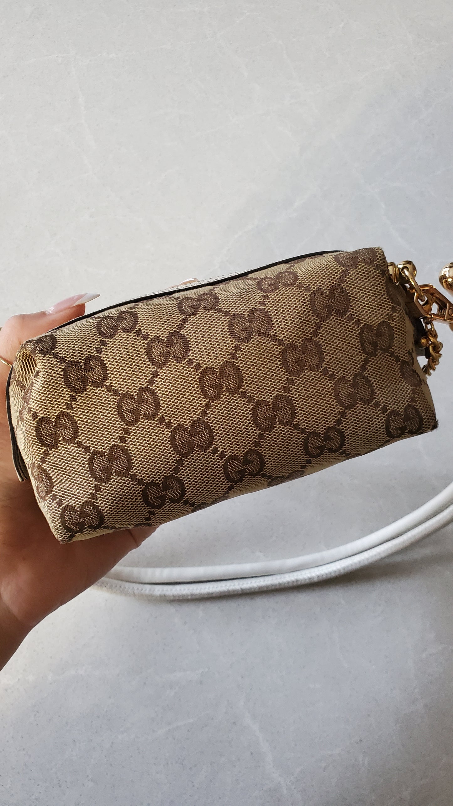 Authentic Vintage Gucci Upcycle Tan Fabric Pouch on Chain & Strap