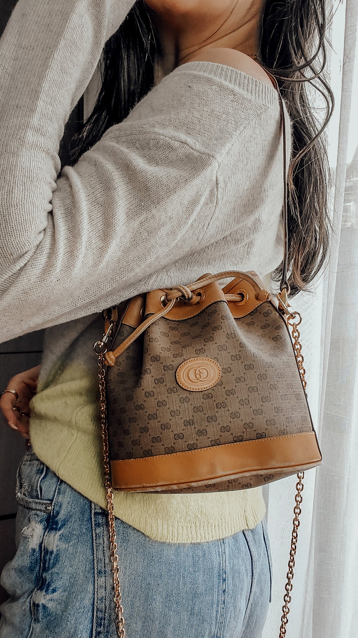 Authentic Vintage Gucci Small Tan Bucket Bag with Chain