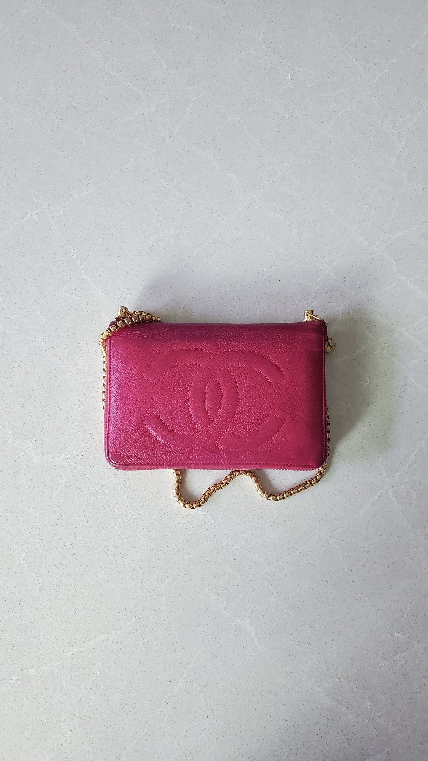 Authentic Chanel Upcycle Pink Caviar Zip Wallet with Shoulder Chain