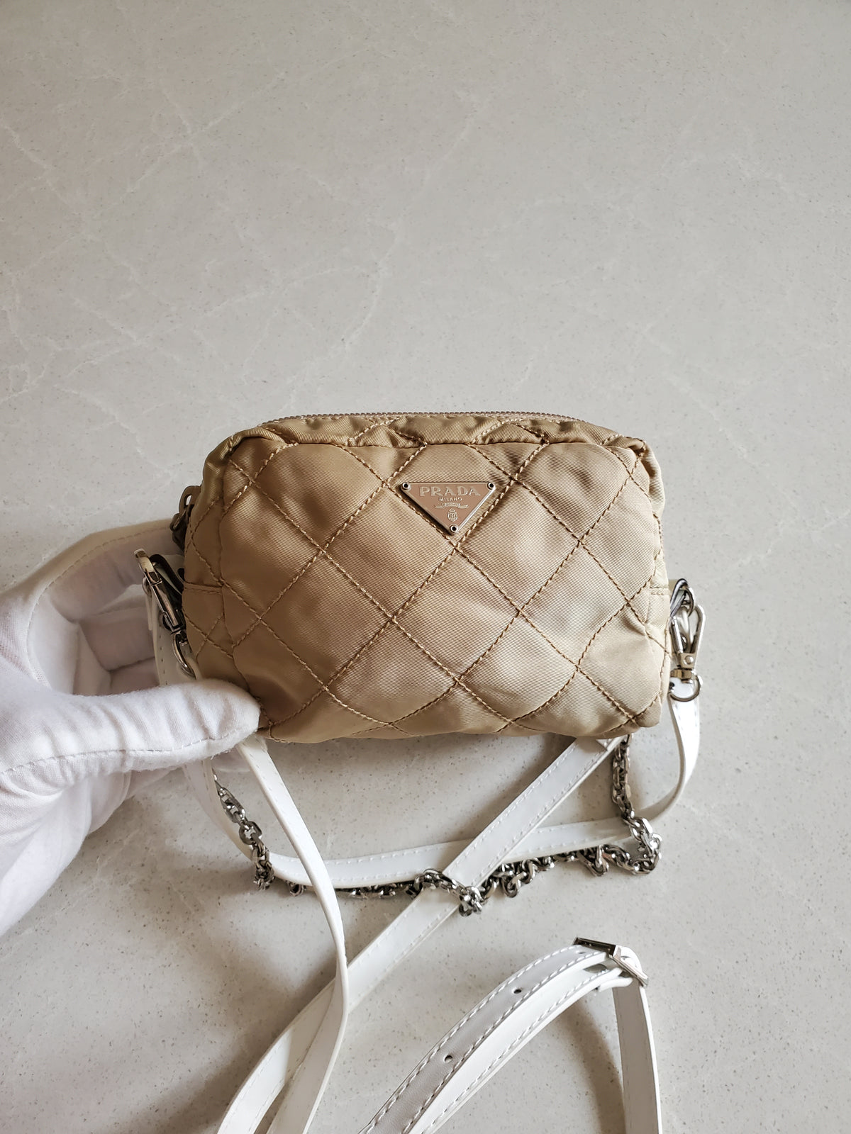 Authentic Prada Upcycle Versatile Beige Nylon Pouch with Chain & Straps (upgraded version)