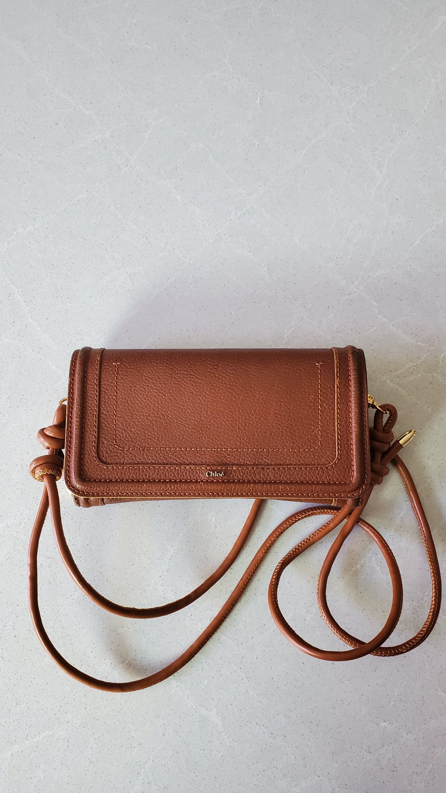 Authentic Chloe Upcycle Brown Leather Long Wallet with Strap