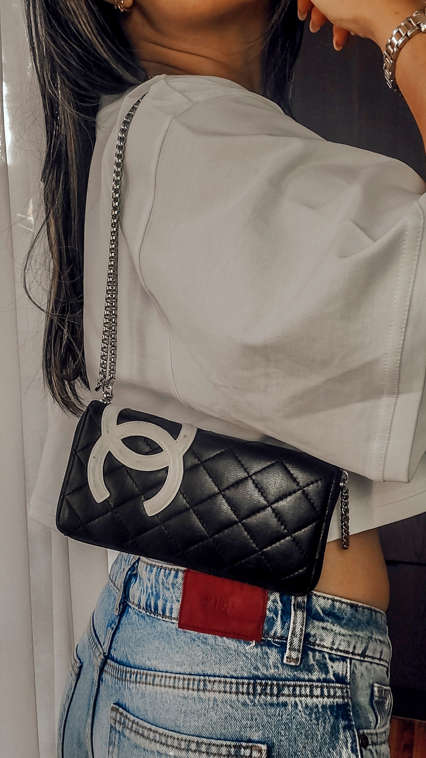 Authentic Vintage Chanel Upcycle Black Lambskin Zip Wallet with Chain