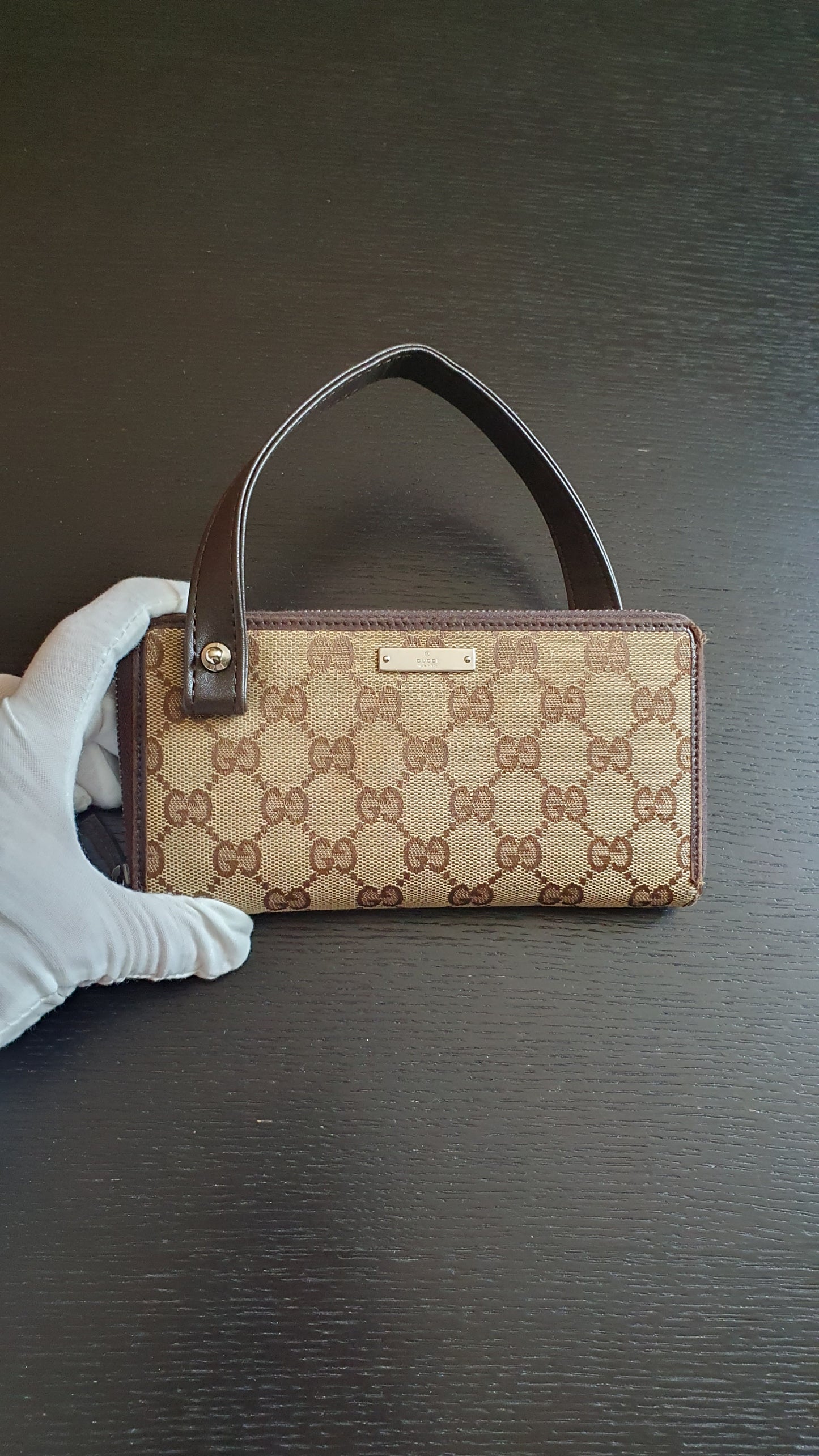 Authentic Vintage Gucci Upcycle Brown Zip Wallet with Single Strap