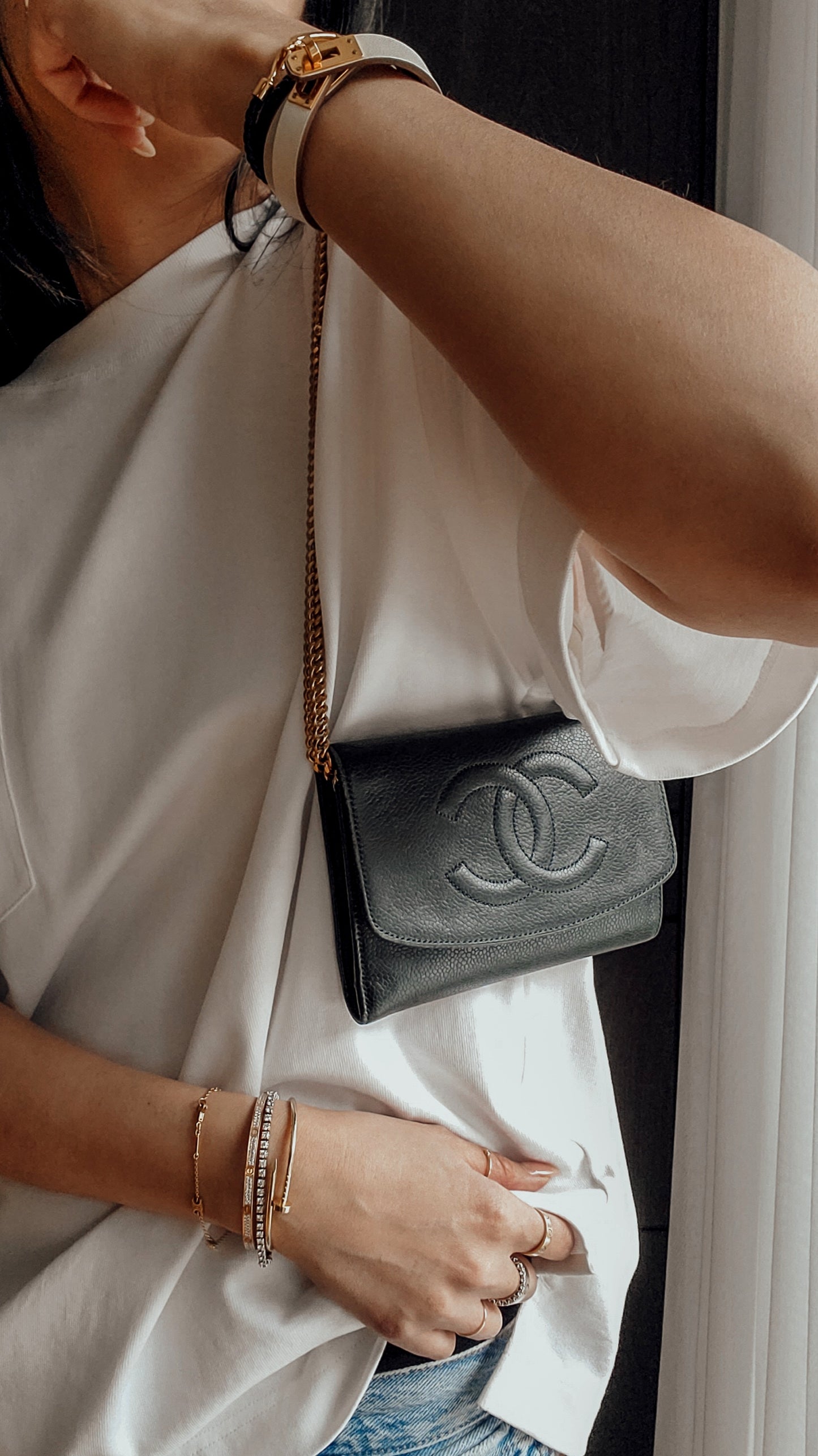 Authentic Chanel Upcycle Green Caviar Wallet on Chain