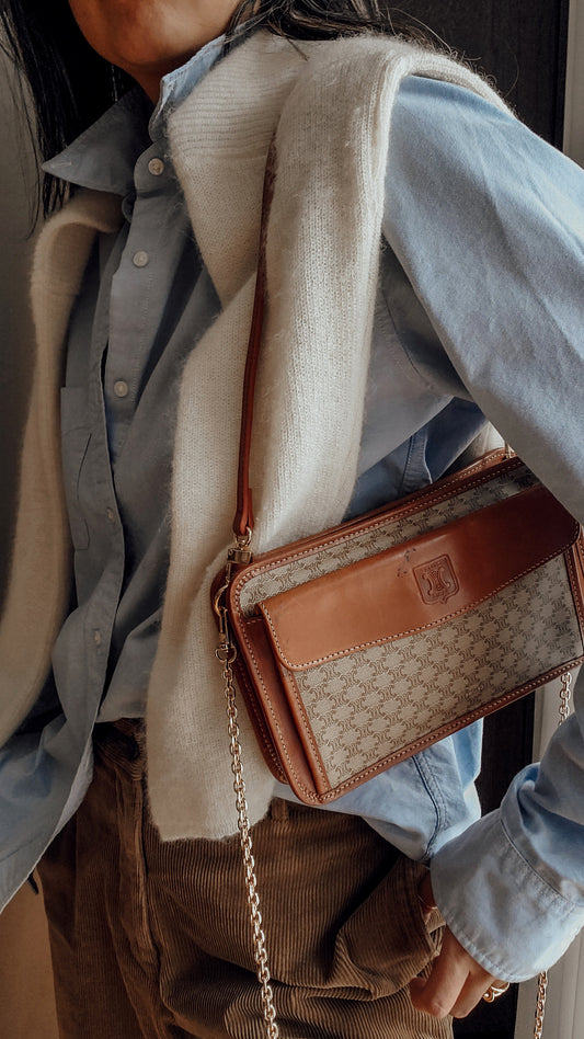 Authentic Vintage Celine Upcycle Tan Purse with Strap & Chain