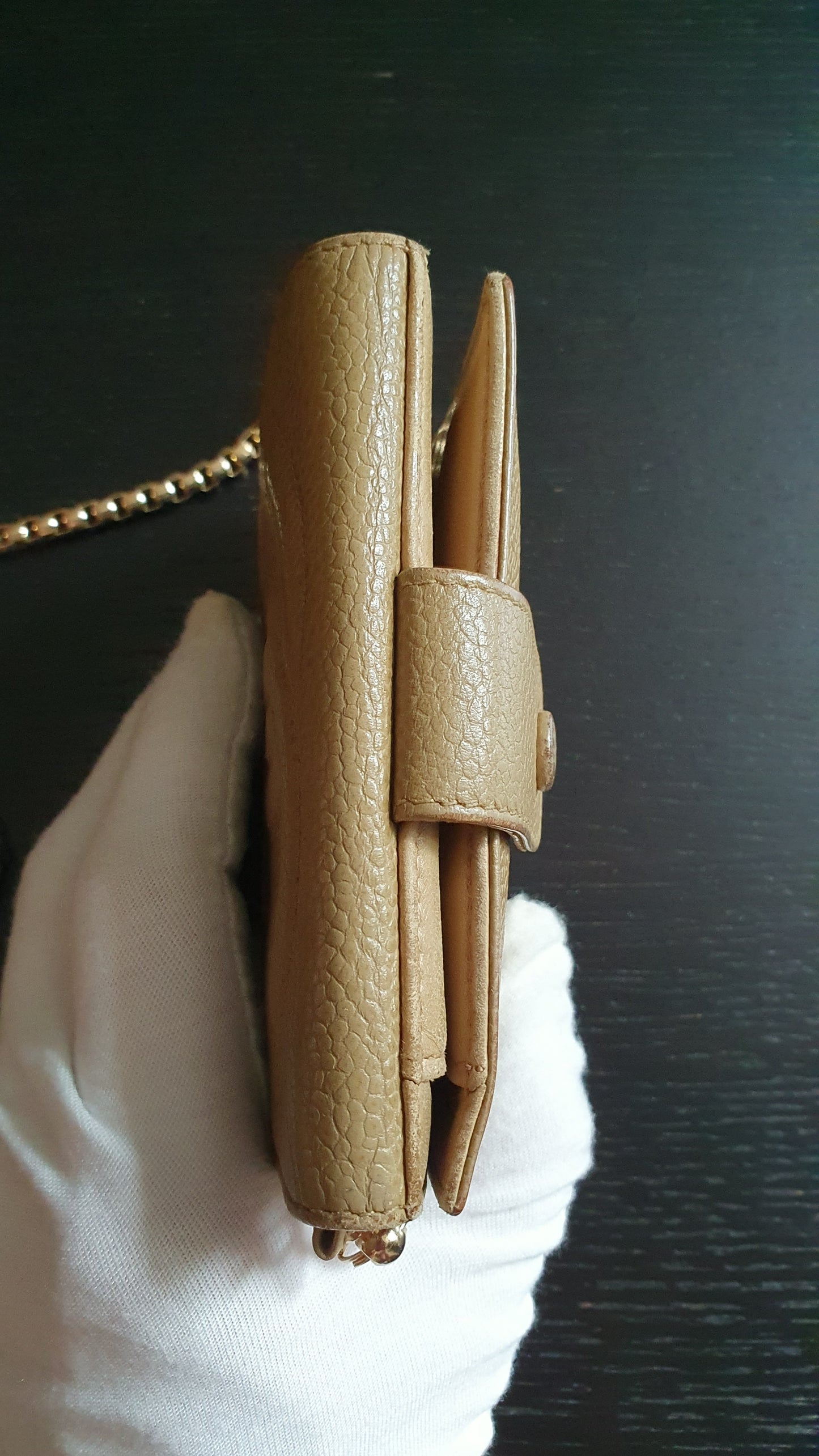 Authentic Chanel Upcycle (Tan) Small Compact Caviar Wallet with Chain