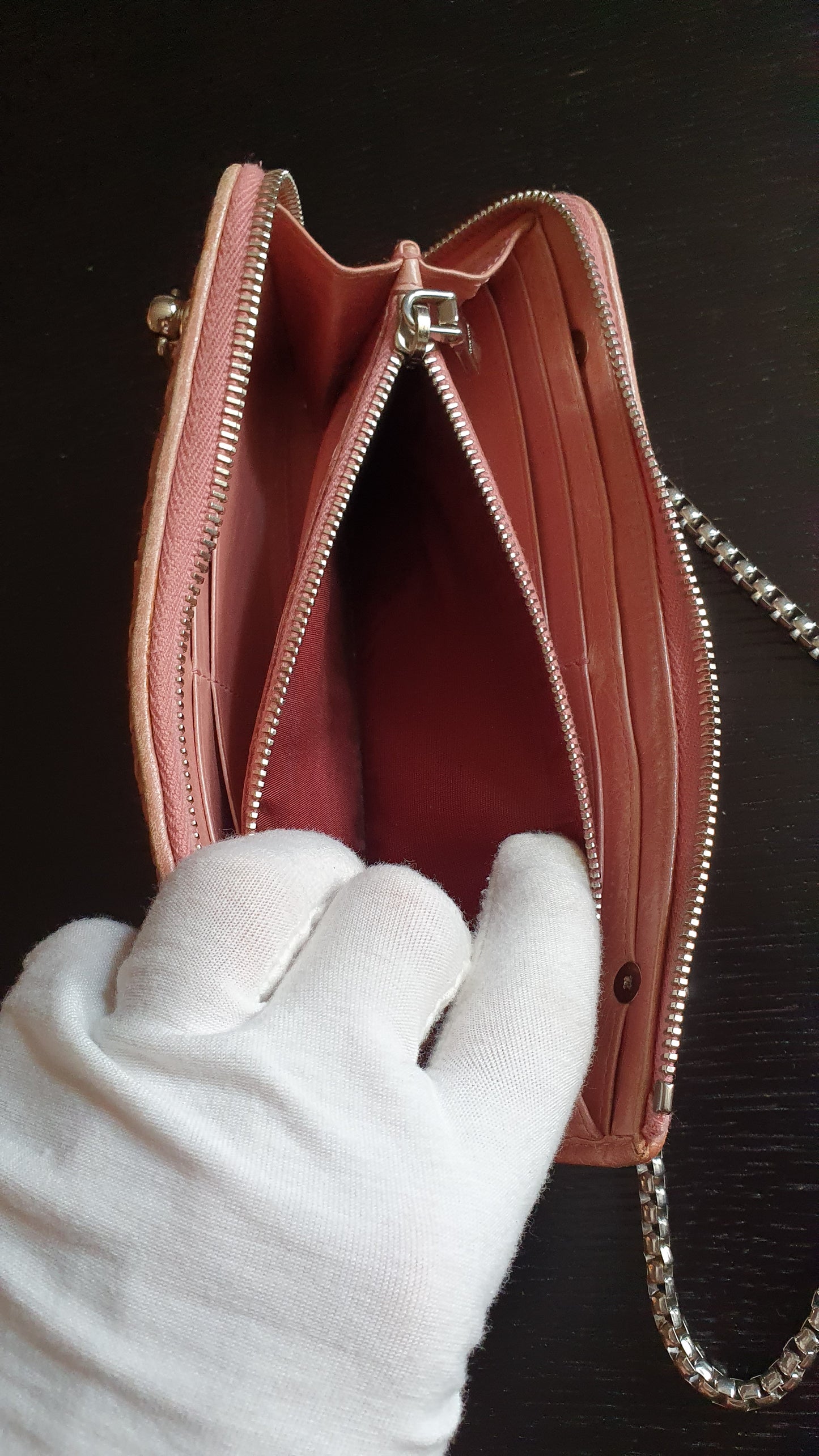 Authentic Miu Miu Upcycle Pink Zip Wallet with Shoulder Chains