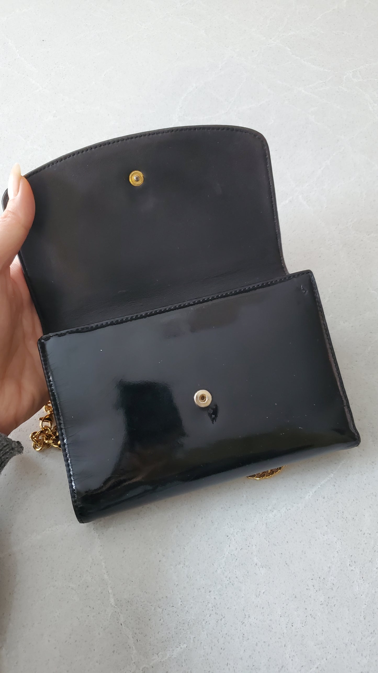 Authentic Vintage Chanel Upcycle Black Patent Compact Wallet on Chain