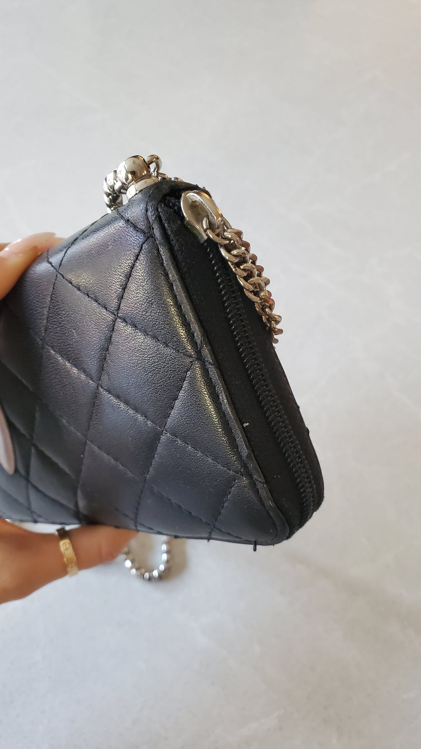 Authentic Vintage Chanel Upcycle Black Lambskin Zip Wallet with Chain