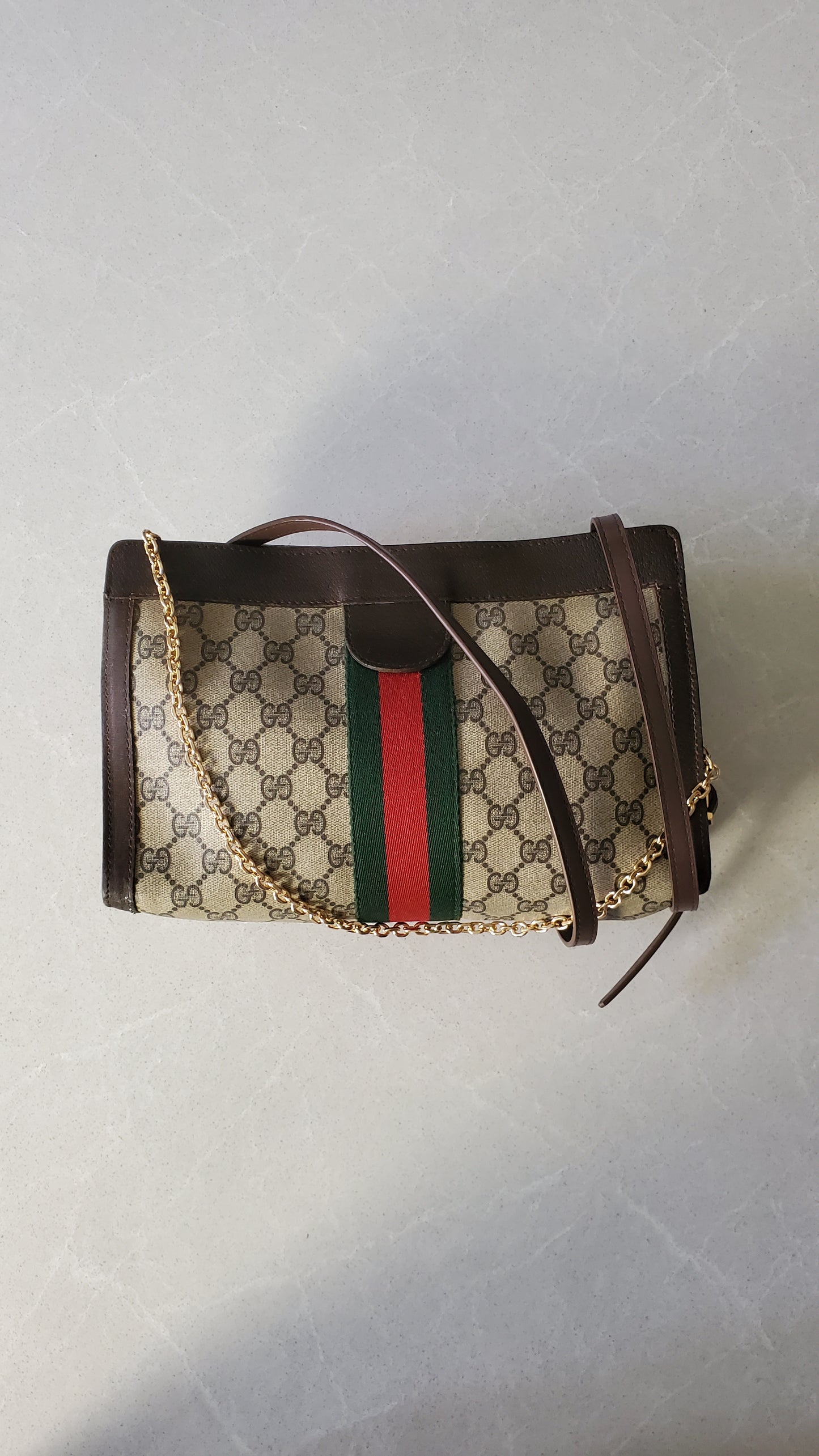 Authentic Vintage Gucci Upcycle Brown Purse (with velcro closing) with Adjustable Strap & Chain