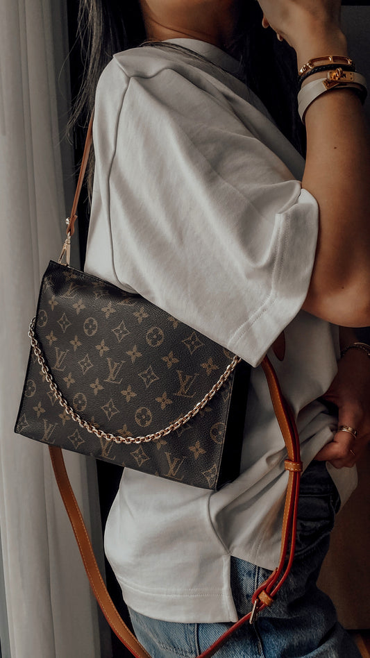 Authentic Vintage Louis Vuitton Upcycle Toiletry Pouch (Grey Insert) with Chain & 2 Straps