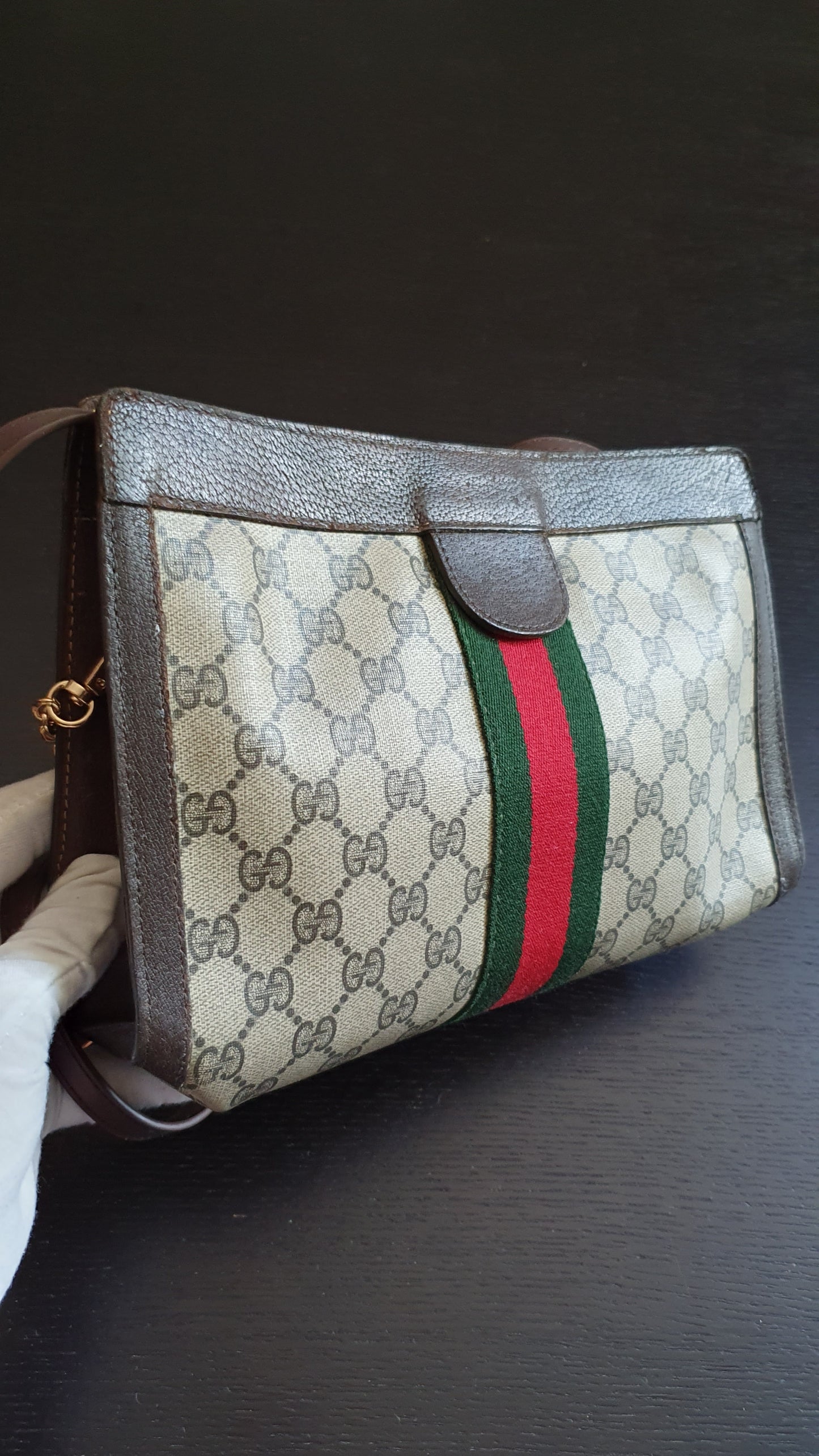 Authentic Vintage Gucci Upcycle Brown Purse (with velcro closing) with Adjustable Strap & Chain