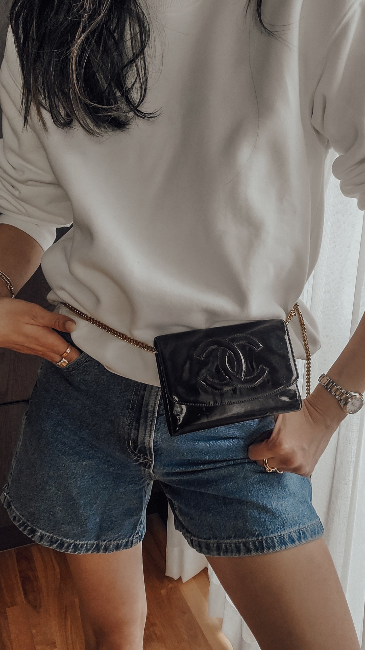 Authentic Vintage Chanel Upcycle Black Patent Compact Wallet on Chain