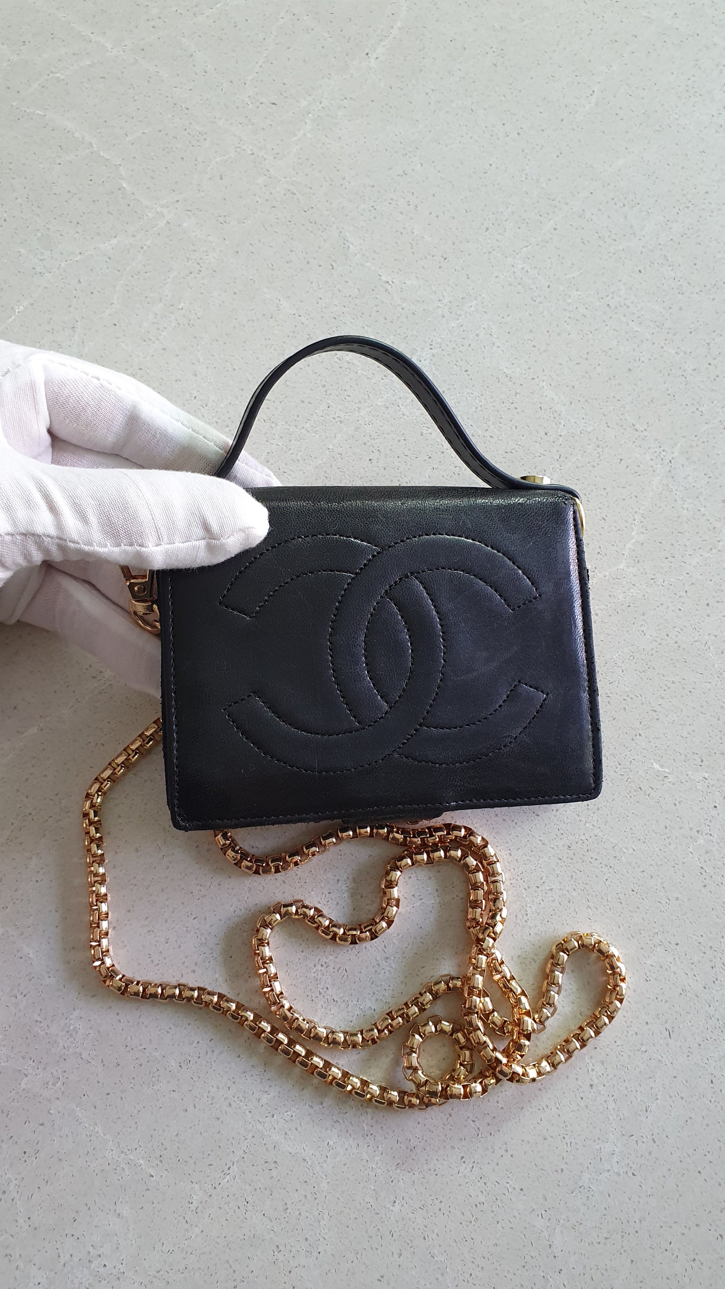 Authentic Chanel Upcycle Small Black Leather Wallet with Strap and Chain