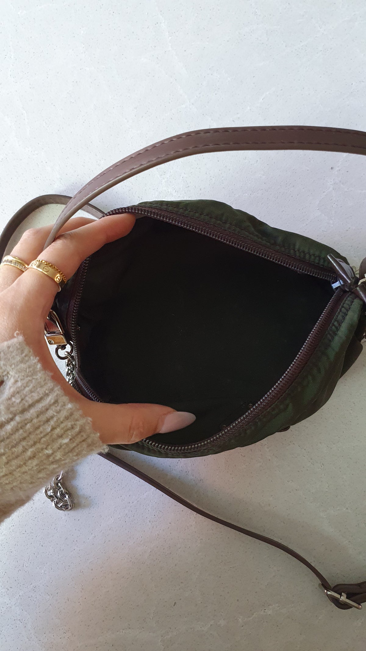 Authentic Prada Upcycle Versatile Dark Green (2) Pouch with Straps & Chain