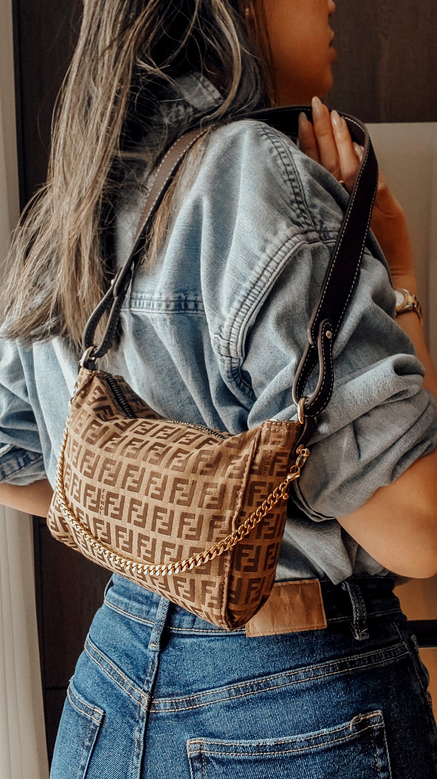Authentic Vintage Fendi Upcycle Brown Shoulder Purse with Chain & Strap