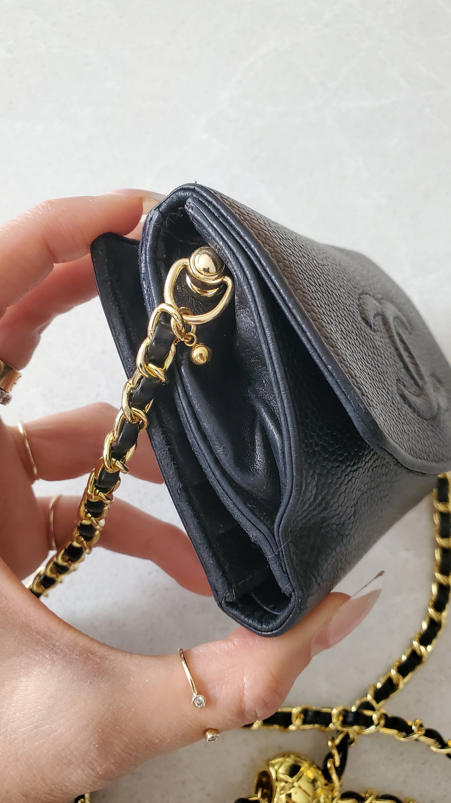 Authentic Vintage Chanel Upcycle Black Caviar Compact Wallet on Chain